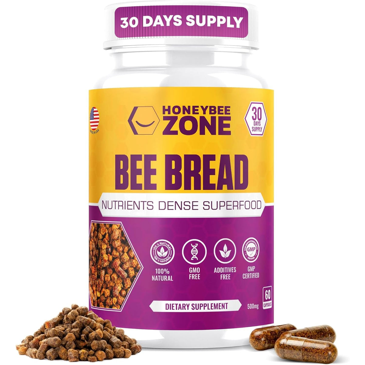 Honeybeezone-Bee Bread Capsules – Nutrient-Rich Superfood for Energy Boost, Immune Support Supplement | Non-Gmo, Gluten-Free, 60 Easy-To-Swallow Veggie Capsules