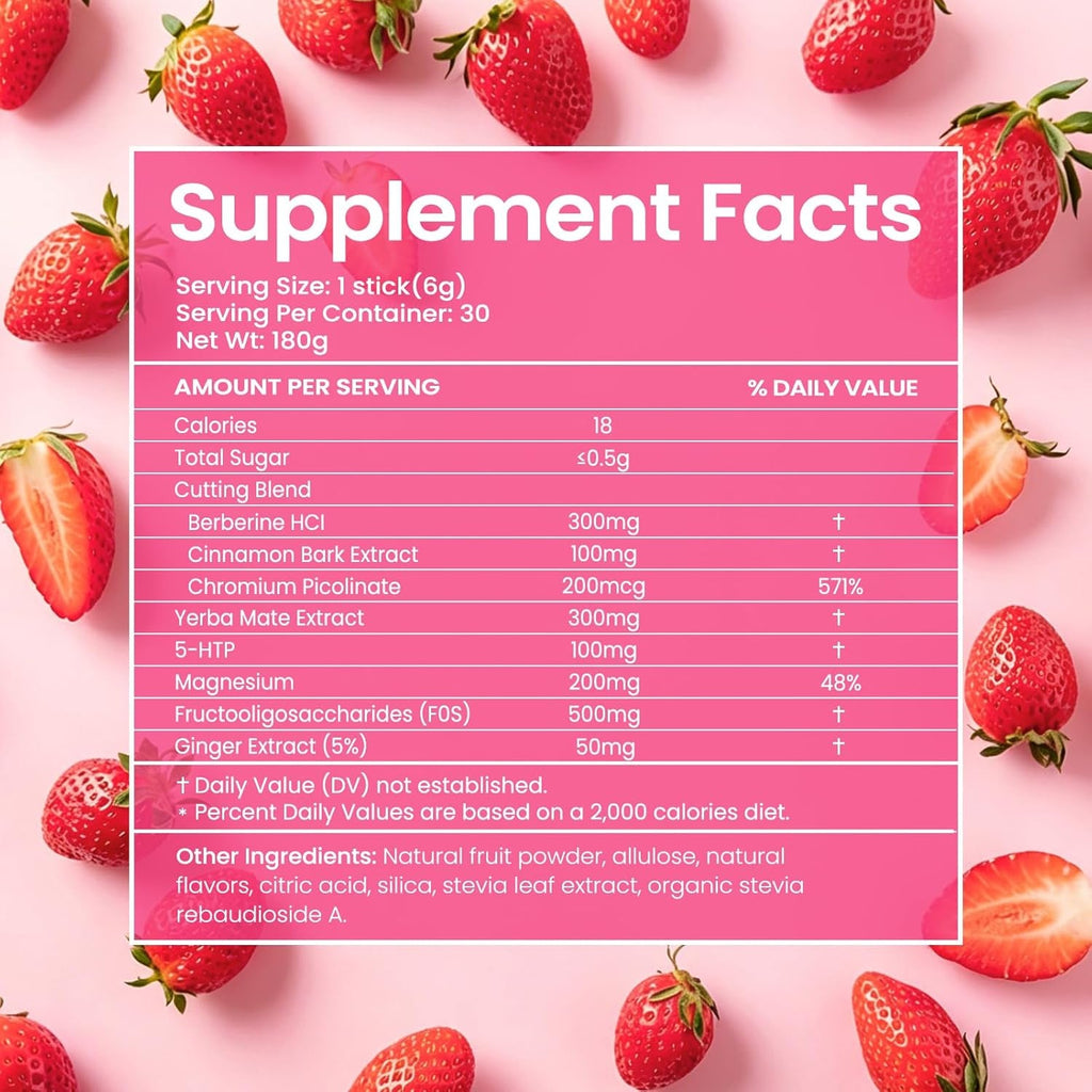 GLP-1 Cutting Drink Mix | Berberine, Cinnamon, Yerba Mate, 5-HTP & FOS | Supports Satiety, Energy & Gut Health | Strawberry Açaí Flavor | Vegan, Sugar-Free - 30 Sticks (1 Box)