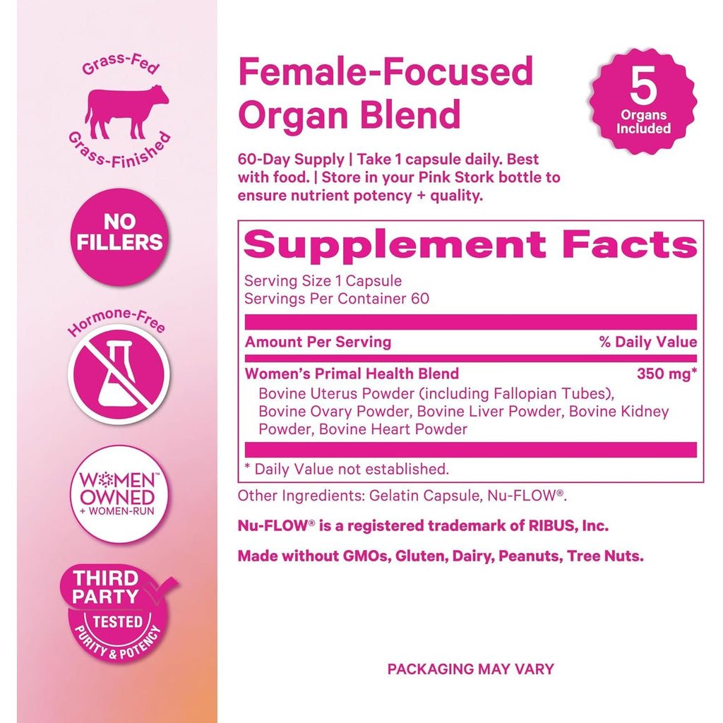 Pink Stork Beef Organ Supplement for Women | Grass-Fed Beef Liver Capsules with Iron, B12, Coq10, Vitamin a | Primal Multivitamin for Hormone + Energy Support | Clean Label Award Winner | 60 Capsules