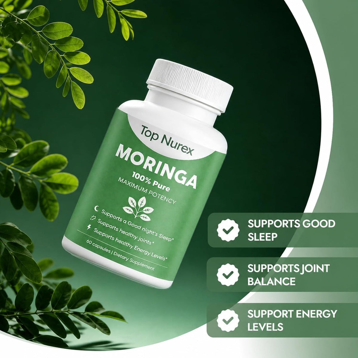 Moringa Capsules, Natural Green Superfood Supplement for Sustained Energy, Immune Support & Digestive Wellness, Non-Gmo, Vegan, 60 Capsules
