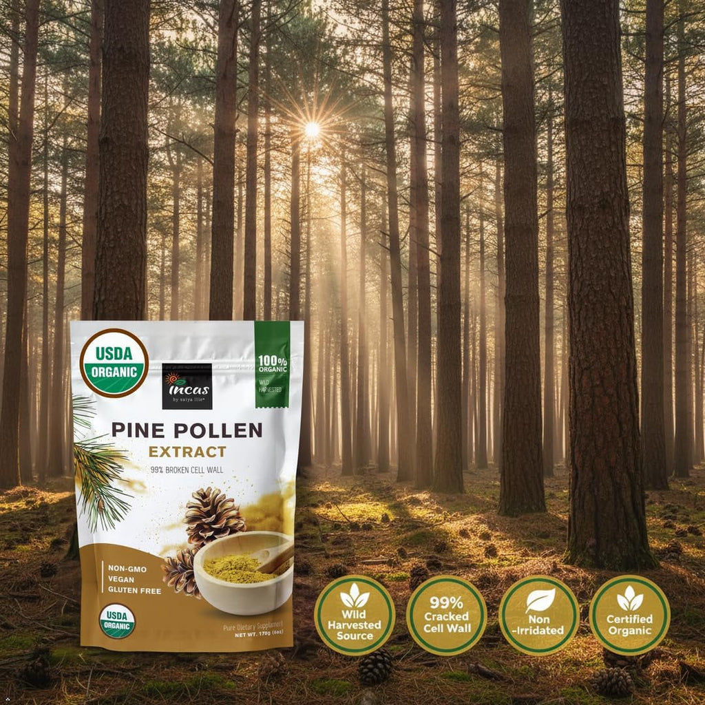 INCAS 100% USDA Organic Pine Pollen Powder (6 Ounces) Non GMO Verified 99% Cracked Cell Wall, Wild HARVESTED, Non-Irradiated, Boosts Energy & Immune Support, No Fillers or Additives