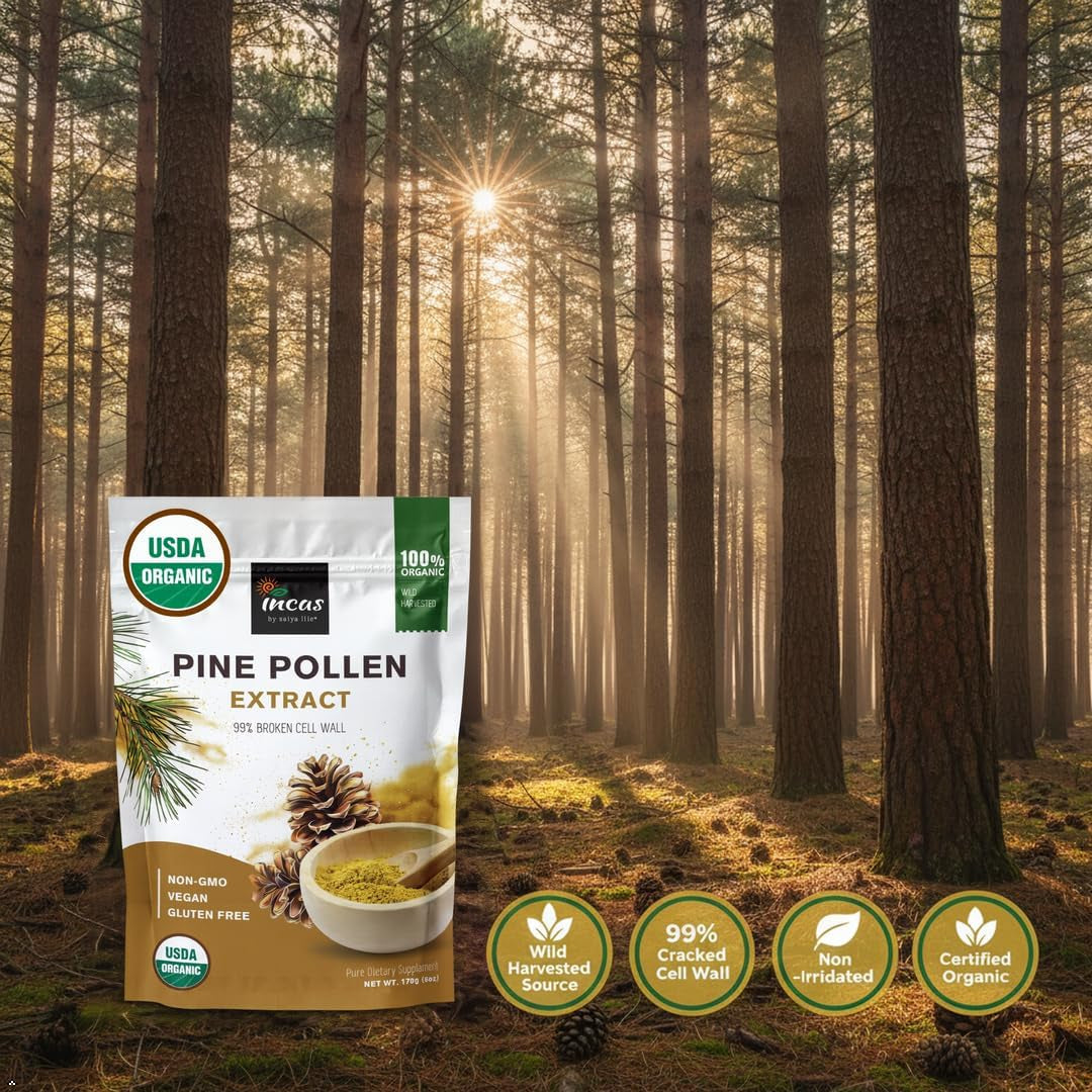 INCAS 100% USDA Organic Pine Pollen Powder (6 Ounces) Non GMO Verified 99% Cracked Cell Wall, Wild HARVESTED, Non-Irradiated, Boosts Energy & Immune Support, No Fillers or Additives