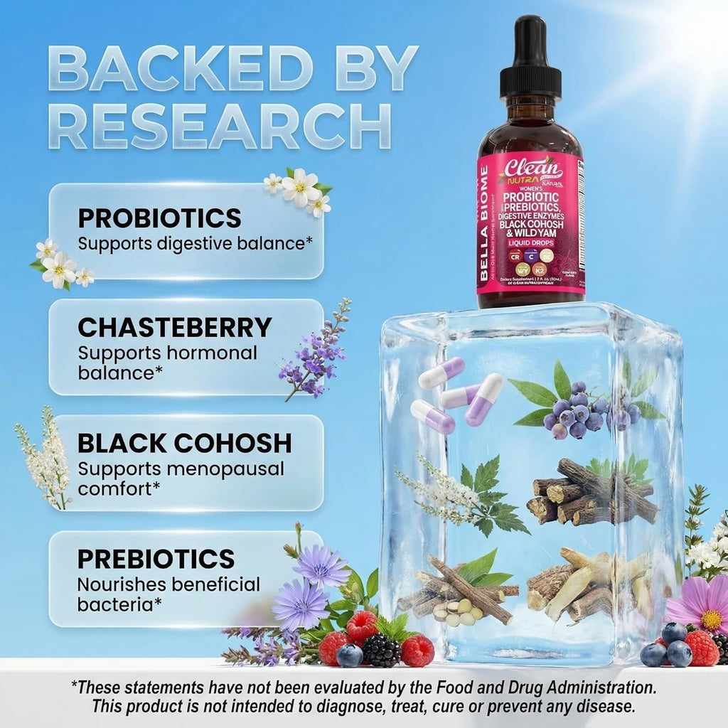 Liquid Probiotics for Women Drops with Chasteberry, Black Cohosh, Prebiotics, Digestive Enzymes, Evening Primrose Oil, Wild Yam, Cranberry Dmannose and Iron Vitamin D3 K2 Clean Nutra Bella Biotics