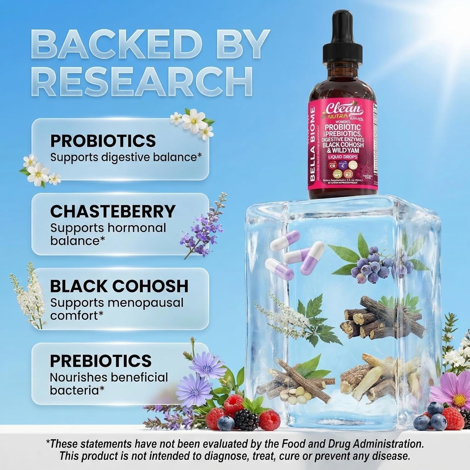Liquid Probiotics for Women Drops with Chasteberry, Black Cohosh, Prebiotics, Digestive Enzymes, Evening Primrose Oil, Wild Yam, Cranberry Dmannose and Iron Vitamin D3 K2 Clean Nutra Bella Biotics
