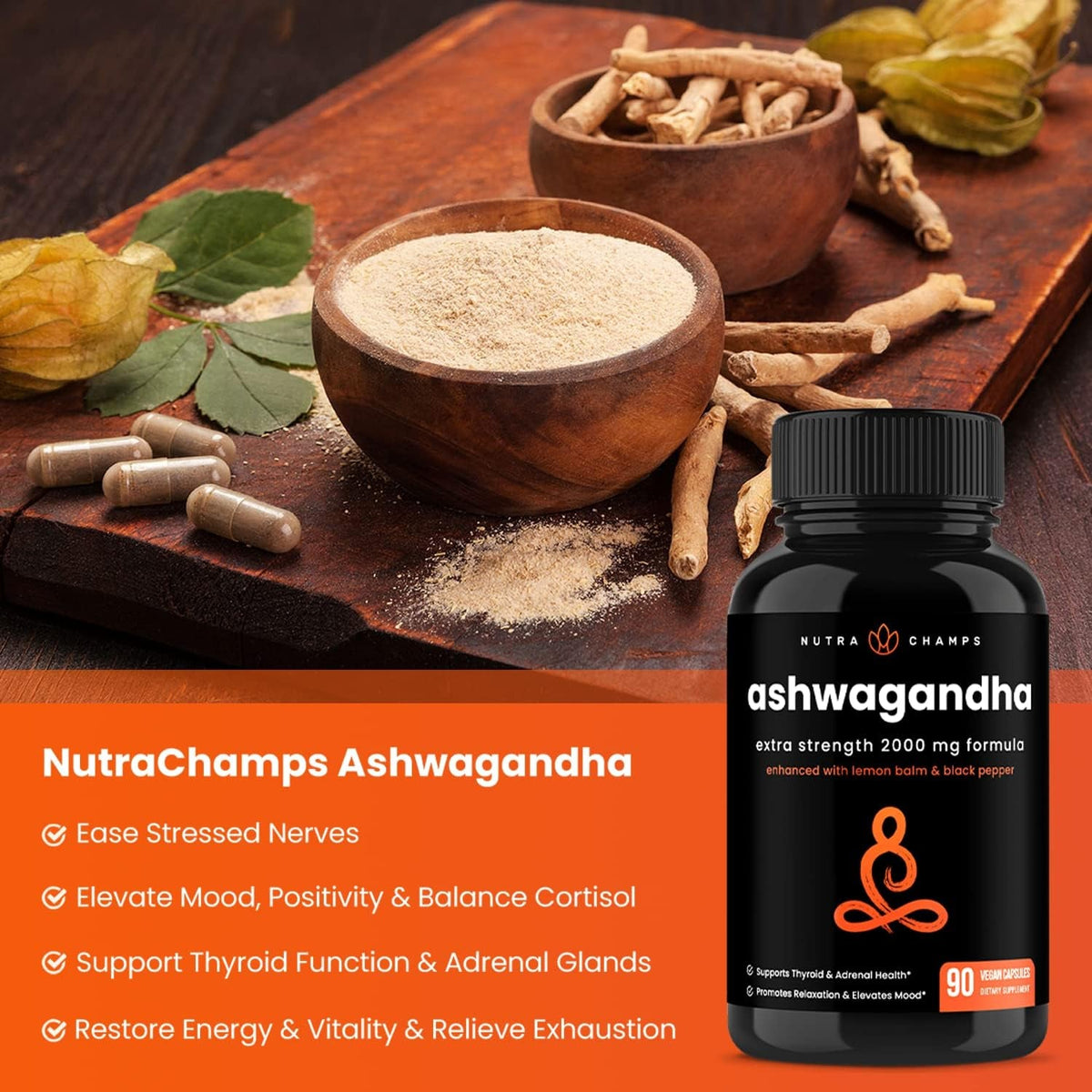 Nutrachamps Organic Ashwagandha Capsules, 2000Mg Adrenal Fatigue, Thyroid & Mood Support Ashwagandha Supplements, Ashwagandha Root Powder & Lemon Balm, Superior Absorption with Black Pepper
