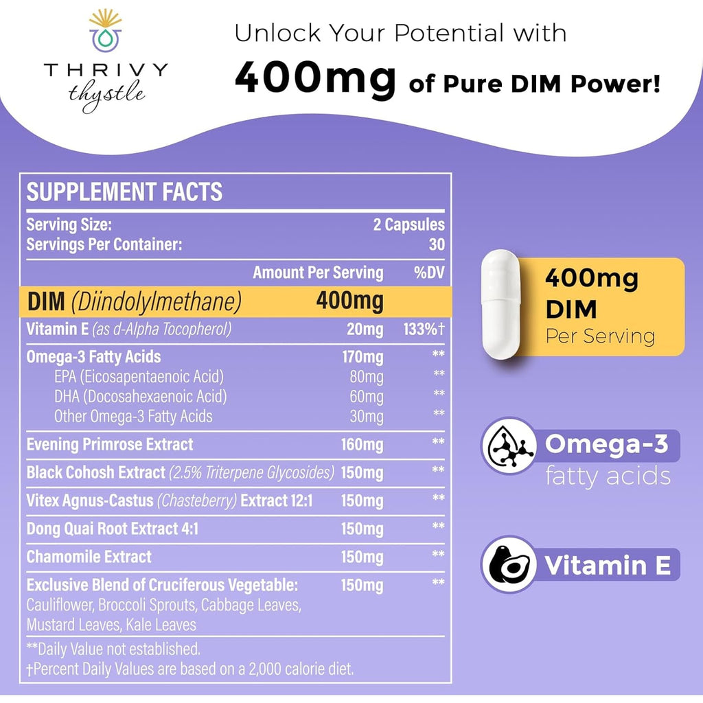 Liposomal DIM 400 Mg - Hormone Balance, Estrogen Support for Women, DIM Supplement with Vitamin E, Evening Primrose, Black Cohosh, Omega-3 Fatty Acids (60 Capsules)