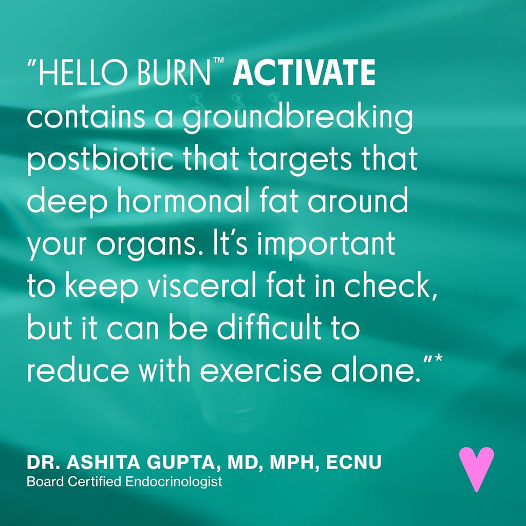 Love Wellness Hello Burn Activate | Support Visceral Fat Burn with HT BPL1 Postbiotic | Supports Healthy Waist Circumference, Longevity and Metabolic Wellness | 30 Count