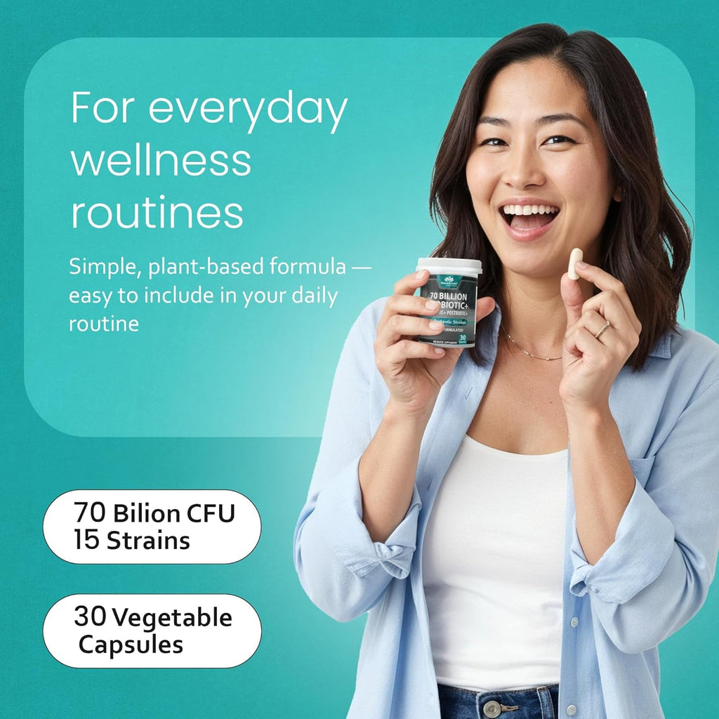 Naturalife Labs Probiotics 70 Billion CFU – 15 Strains + Organic Prebiotic & Postbiotic 3-In-1 – Gut & Digestive Support – Supports Occasional Bloating – Women & Men – Vegan & Shelf Stable – 30 Caps
