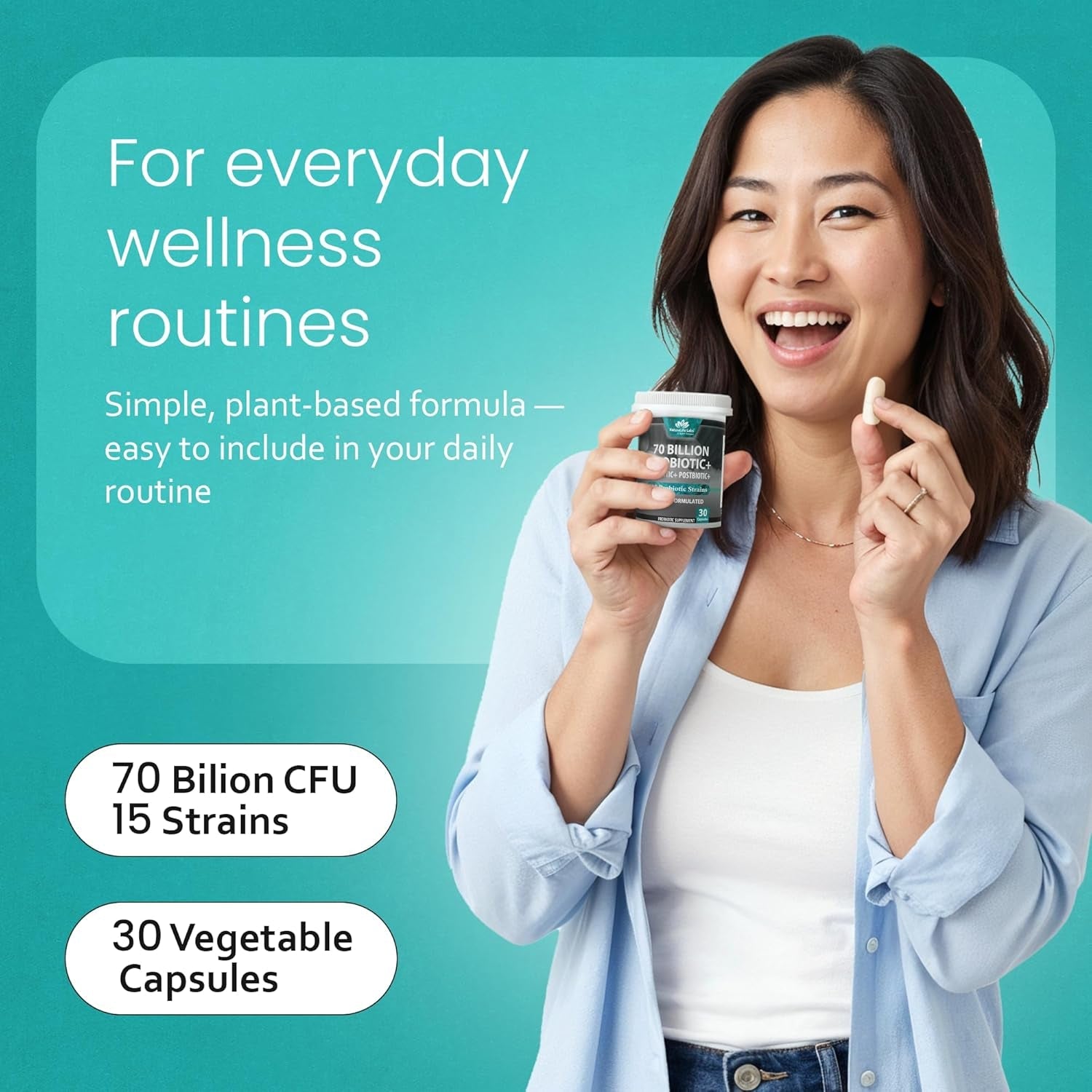 Naturalife Labs Probiotics 70 Billion CFU – 15 Strains + Organic Prebiotic & Postbiotic 3-In-1 – Gut & Digestive Support – Supports Occasional Bloating – Women & Men – Vegan & Shelf Stable – 30 Caps