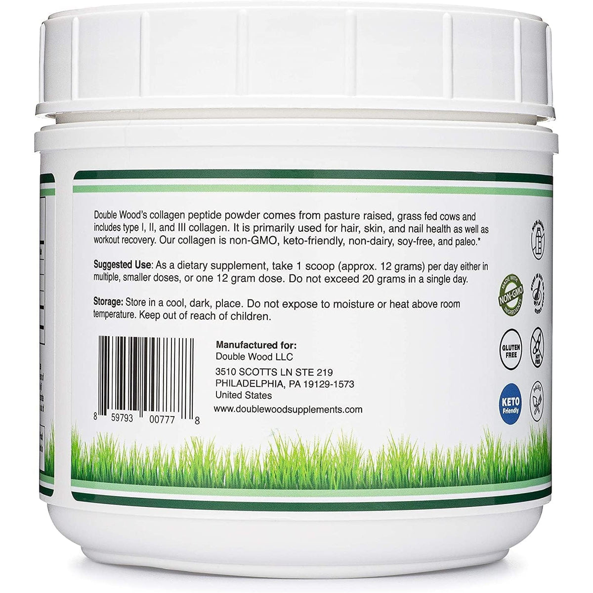Collagen Peptides Powder - Hydrolyzed Collagen, Keto Safe - 16.08Oz - Multi Type 1, 2, and 3 (Grass Fed Bovine Source)(Colageno Hidrolizado) Collagen Supplements for Women and Men by Double Wood