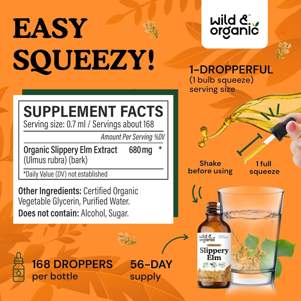 Wild & Organic Slippery Elm Liquid Drops - Lung, Digestive & Women'S Support - Slippery Elm Bark Supplement - Add to Tea Tincture - Ulmus Rubra Herb - Vegan, Sugar & Alcohol-Free - 4 Fl Oz