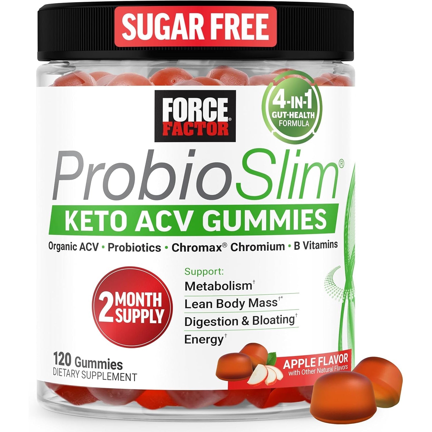 Force Factor Probioslim Keto ACV Metabolism Gummies, Organic Apple Cider Vinegar, Lactospore Probiotics & Prebiotics to Support Digestion, Lean Body Mass, & Immune Health, Apple Flavor, 1 Carb, 120Ct