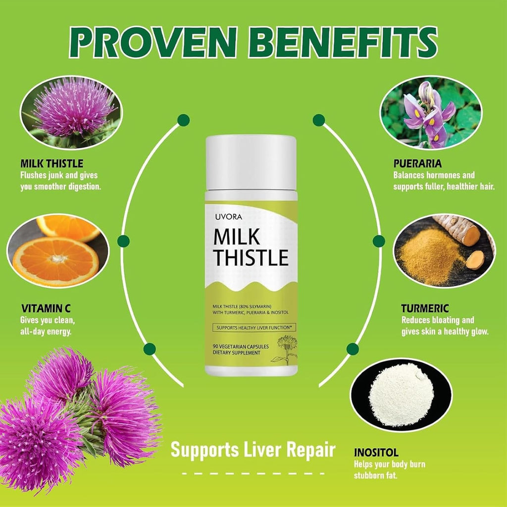 Uvora - Milk Thistle Detox.Uvora Milk Thistle Extract 300 Mg, Extract with Vitamin C, Inositol & Pueraria, Liver Detox Support, Antioxidant Support, 90 Capsules