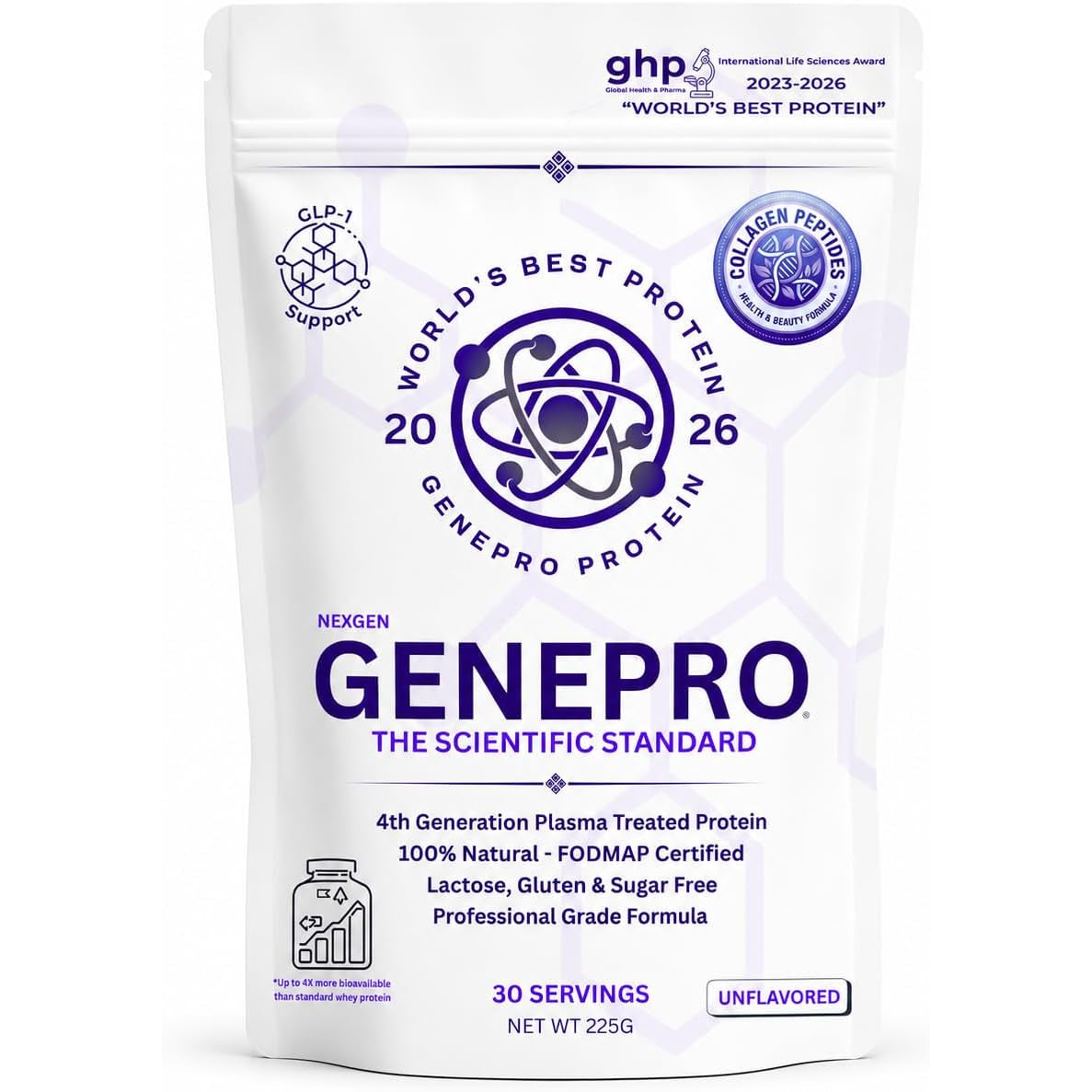 Genepro Nexgen Unflavored Collagen Peptides - Lactose-Free, Gluten-Free Protein Supplement Shake for Hair, Skin and Nails (30 Servings)