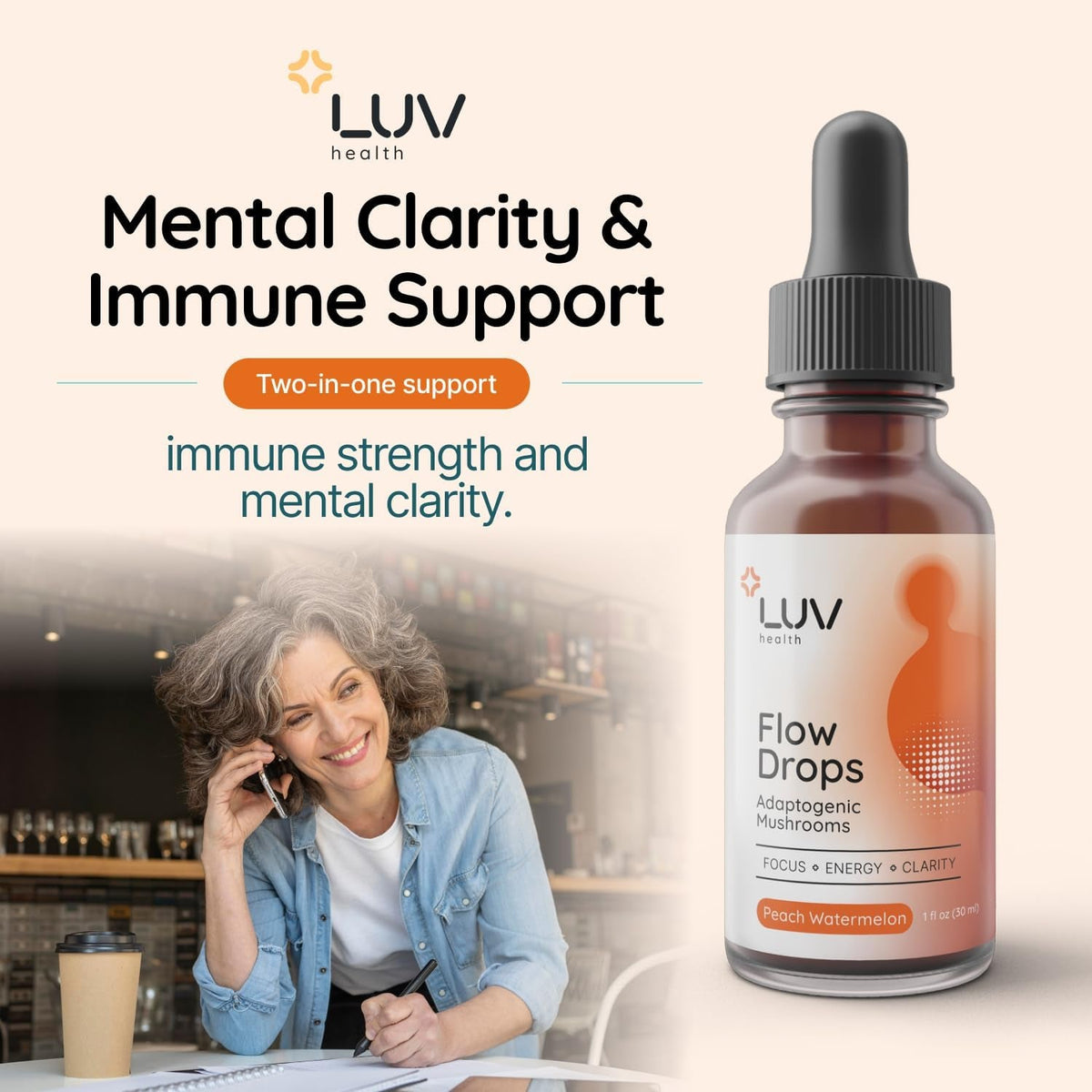 Flow Drops LUV Health Energy Supplement for Focus, Mental Clarity & Immune Support - Adaptogenic Mushrooms with Lion’S Mane, Cordyceps, Reishi, Chaga & Turkey Tail – Vegan, Made in USA 30 Servings