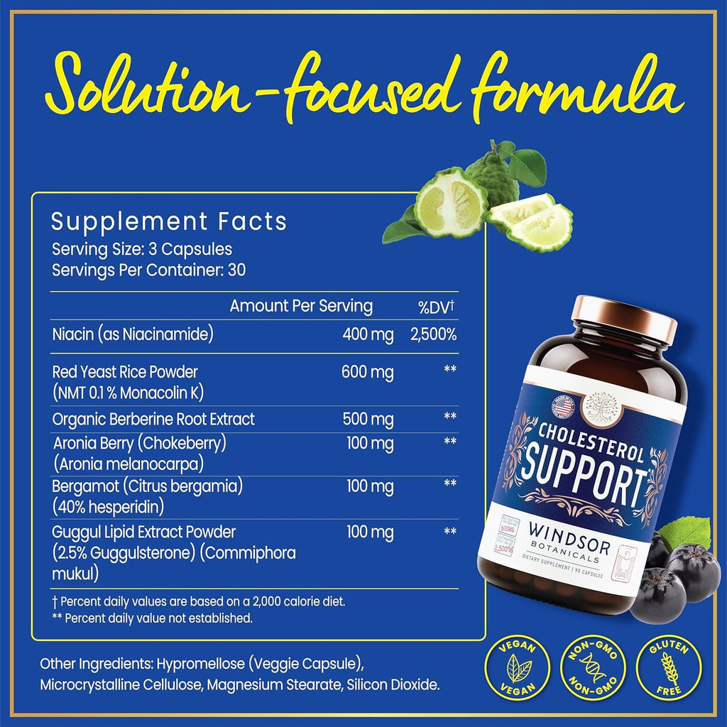 WINDSOR BOTANICALS Cholesterol Supplements - Citrus Bergamot, Niacin, Red Yeast Rice, Berberine, Aronia Berry Extract to Support Normal HDL and LDL Cholesterol Levels - 90 Vegan, Non-Gmo Capsules