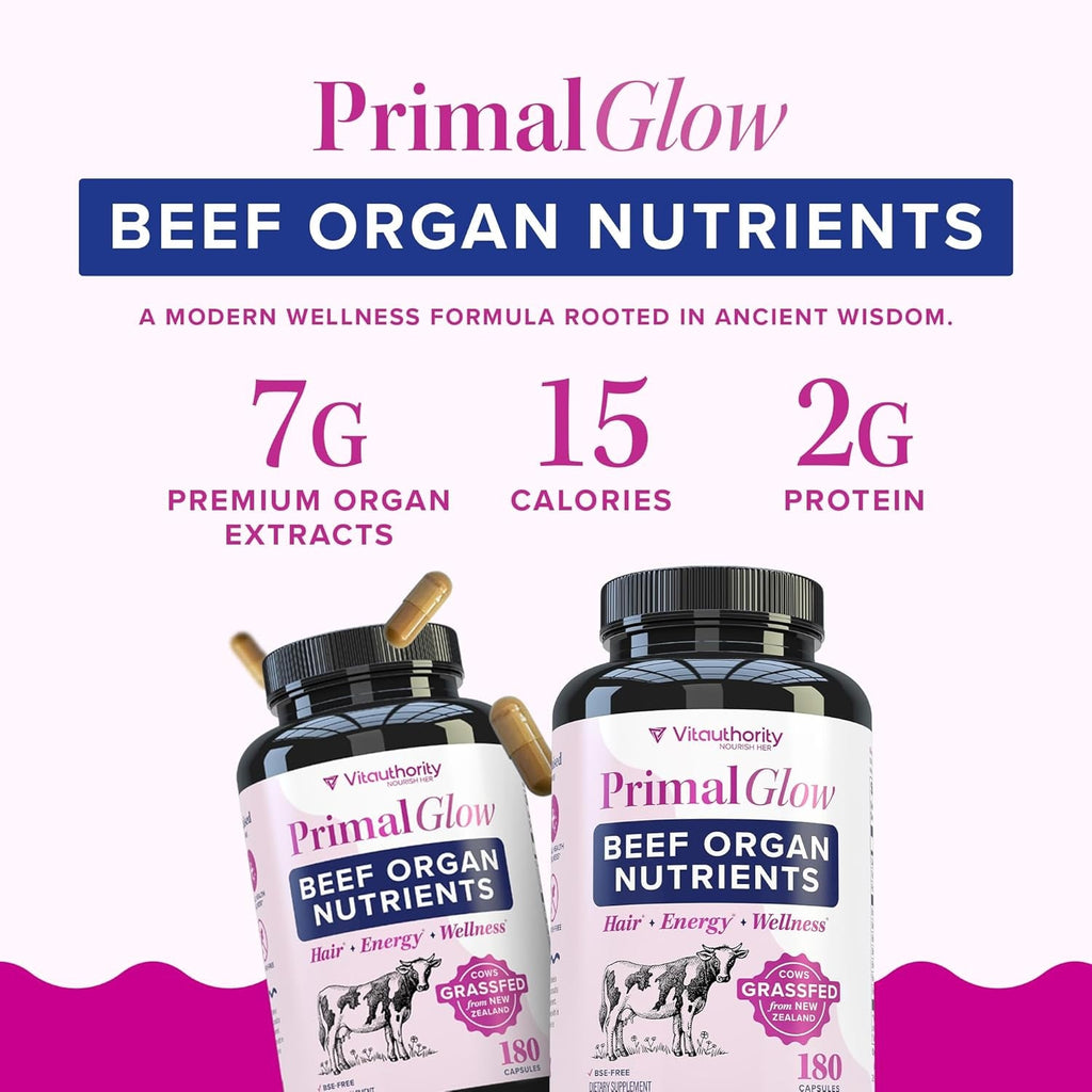 Beef Organ Supplement for Women | Grass-Fed, Pasture-Raised New Zealand Bovine | 7 Organ Extracts with Liver, Heart, Kidney, Bone Marrow & More Energy, Digestion & Skin Support Primal Glow 30 Servings