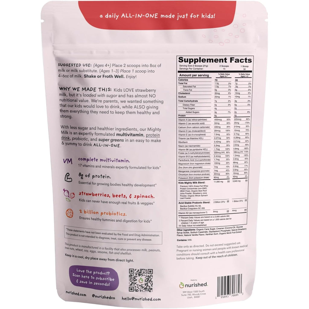 Mighty Strawberry Milk - Kids All-In-One Daily Protein Powder & Multivitamin Boosted with 2 Billion Probiotics & Organic Spinach - Natural Flavors, Colors & Sweeteners - 15-30 Servings
