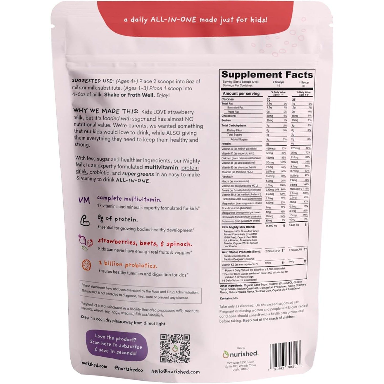 Mighty Strawberry Milk - Kids All-In-One Daily Protein Powder & Multivitamin Boosted with 2 Billion Probiotics & Organic Spinach - Natural Flavors, Colors & Sweeteners - 15-30 Servings