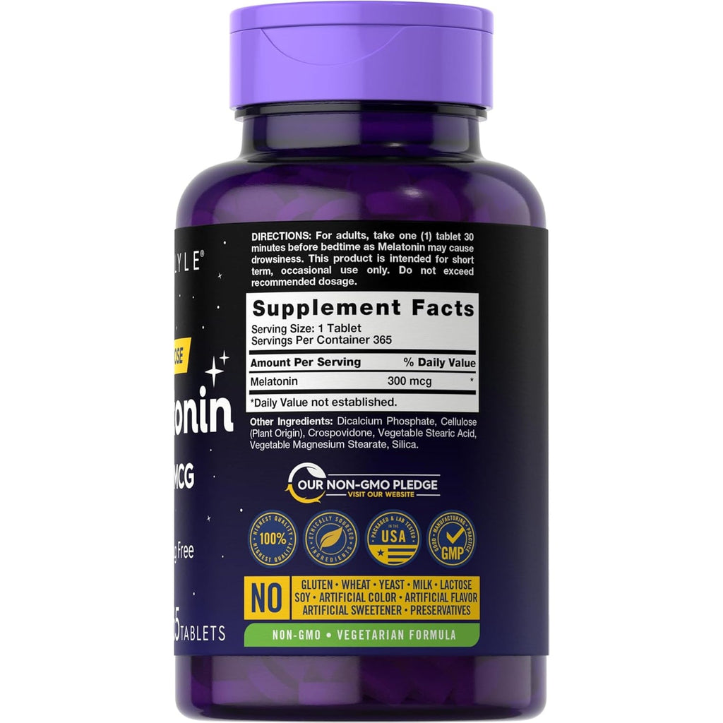 Carlyle Melatonin 300 Mcg | 365 Tablets | Low Dose | Vegetarian, Non-Gmo, Gluten Free