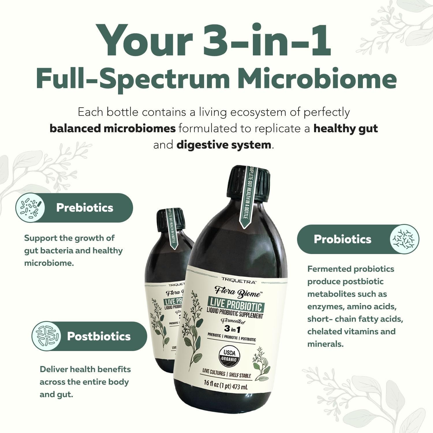 Flora Biome - Live Probiotic, Prebiotic, & Postbiotic – Organic Live-Culture – 10 Probiotic Strains, 18 Fermented Herbs - Complete Gut Health & Microbiome Optimizer (16 Oz)
