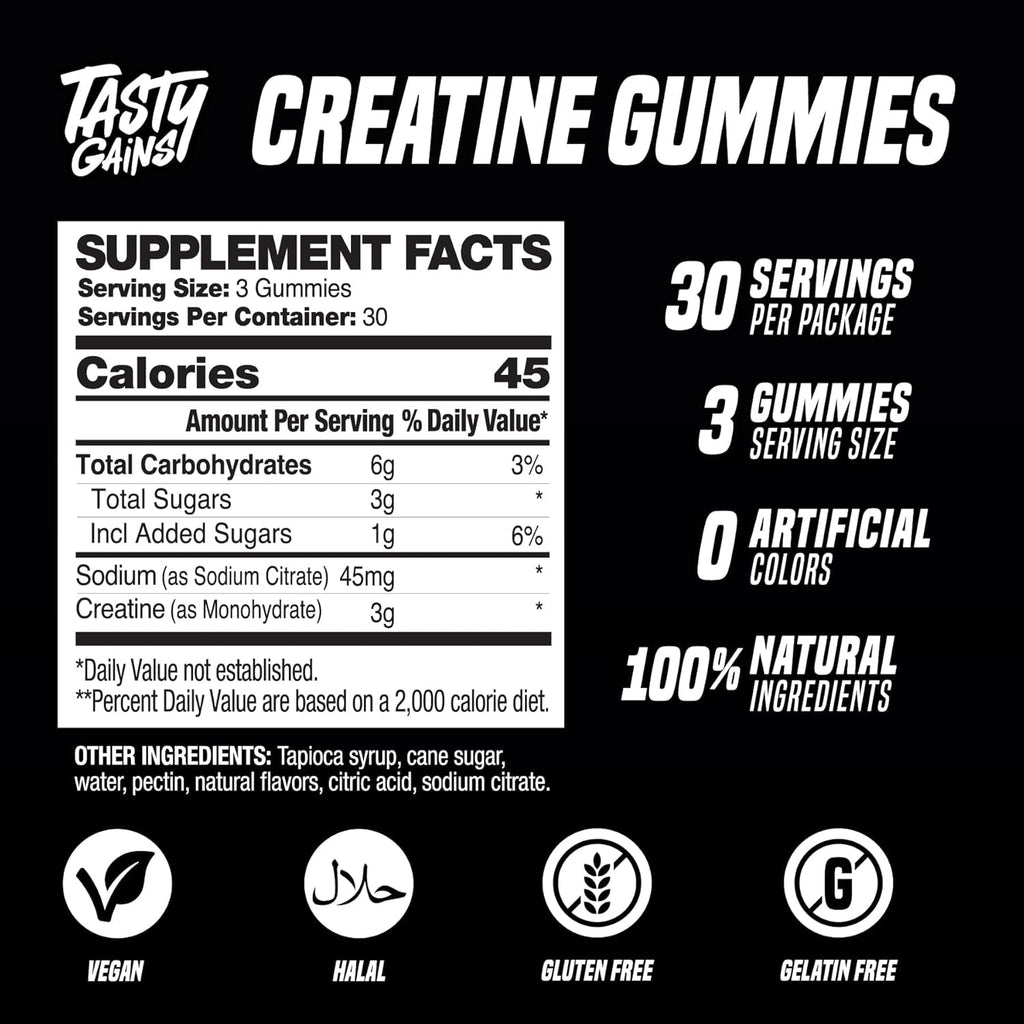 TASTY GAINS Creatine Gummies - 90G of Creatine Monohydrate - Workout Supplements - Build Muscle & Boost Strength for Men & Women - Made in USA - Non GMO - Vegan Friendly (Large, Blue Raspberry)