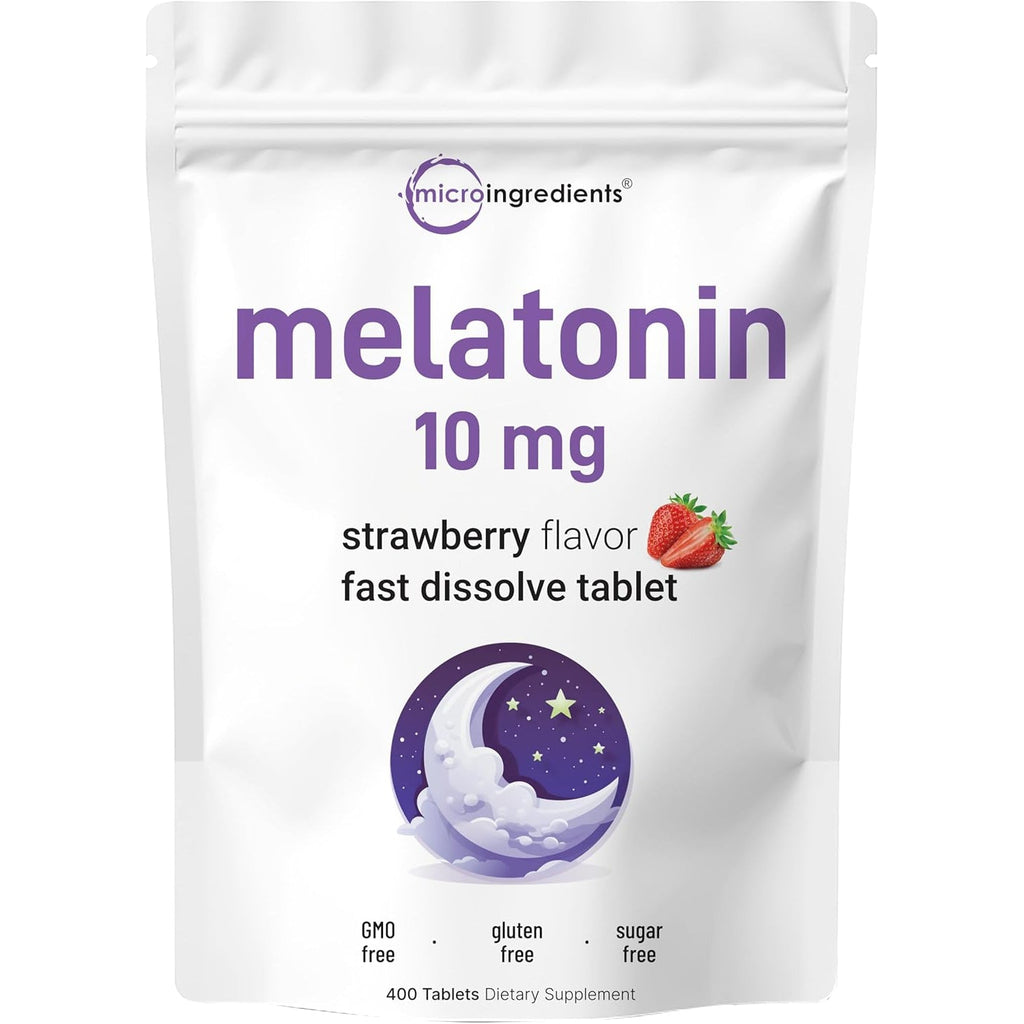 Micro Ingredients Melatonin 10Mg, 400 Tablets | Natural Strawberry Flavor | Fast Dissolve | No Drug | Vegetarian Friendly | Non-Gmo, No Gluten, Sugar Free