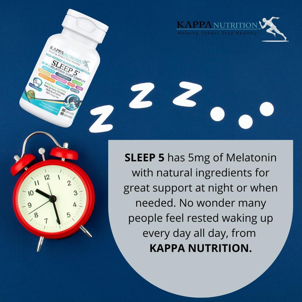 KAPPA NUTRITION Sleep 5, Sleep Aid, 5Mg of Melatonin, 60-Day Supply, Non-Habit Forming Vegan Capsules Natural Ingredients for Easier Bedtime, Herbal Supplement, Valerian Root, Chamomile Non-Gmo