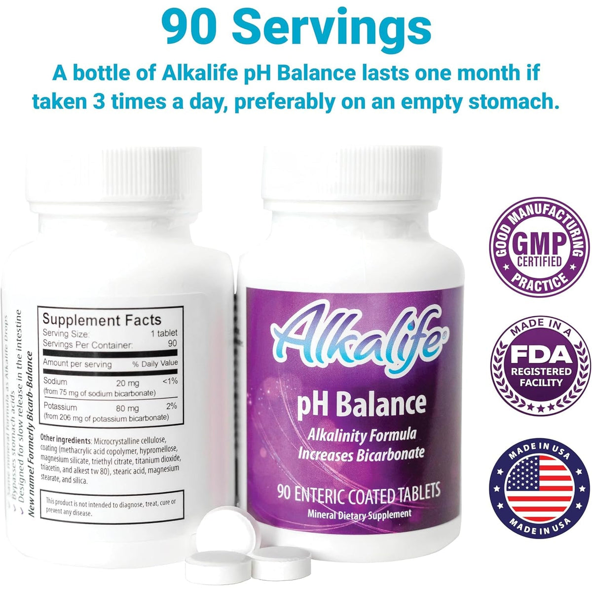 Alkalife Ph Balance Tablets, 1 Pack, Alkaline Mineral Support without the Bottles, Enteric-Coated for Maximum Absorption, Potassium & Sodium Bicarbonate, Immune Support, 90 Tablets (1 Month Supply)