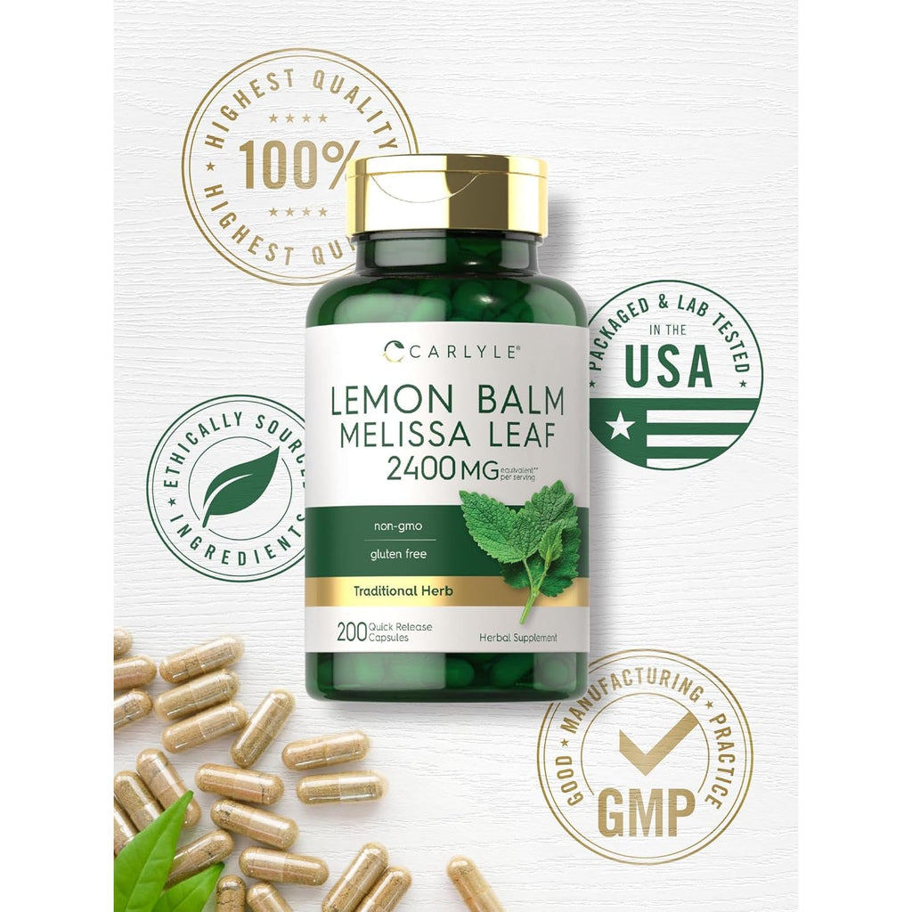 Carlyle Lemon Balm Capsules | 200 Count | Non-Gmo and Gluten Free Formula | Melissa Leaf Traditional Herbal Supplement | Super Concentrated Extract