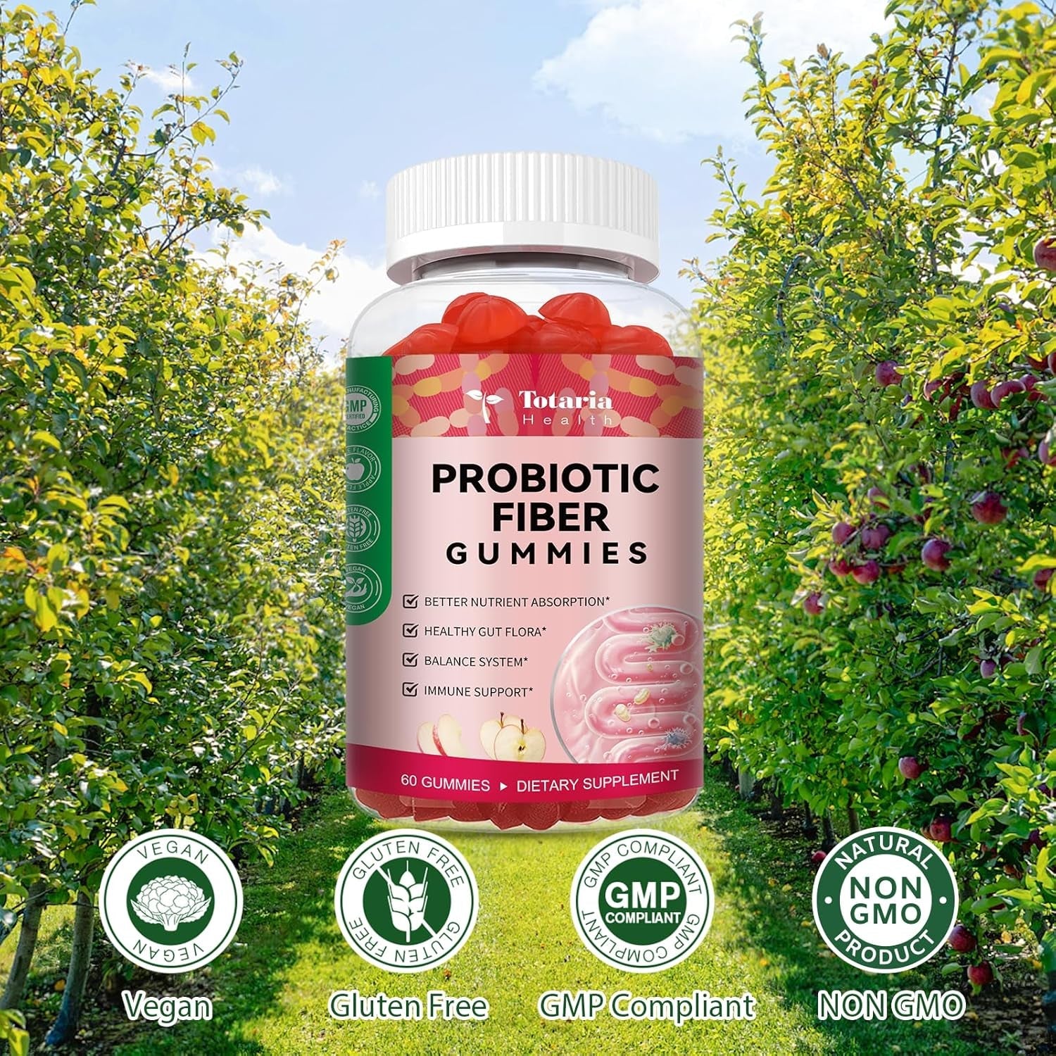 9-In-1 Probiotic Prebiotic Fiber Gummies for Adults & Teens 16G Fiber per Serving, Psyllium Husk Fiber Supplement with 5 Billion CFU Bacillus Coagulans, Inulin, ACV for Digestion & Gut - 60 Counts