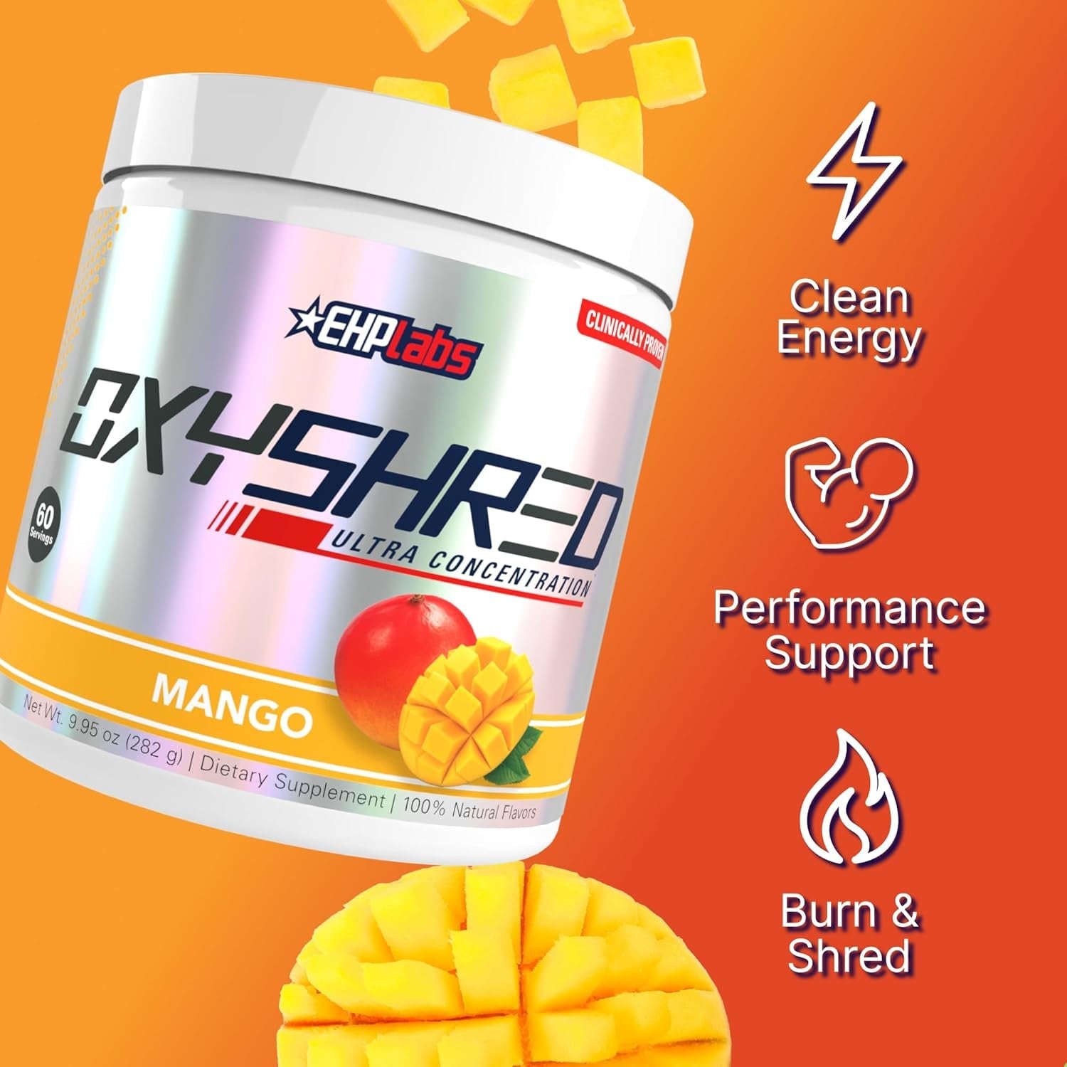 EHP Labs Oxyshred Pre Workout Powder - Preworkout Powder with L Glutamine & Acetyl L Carnitine, Energy Boost Drink - Mango, 60 Servings