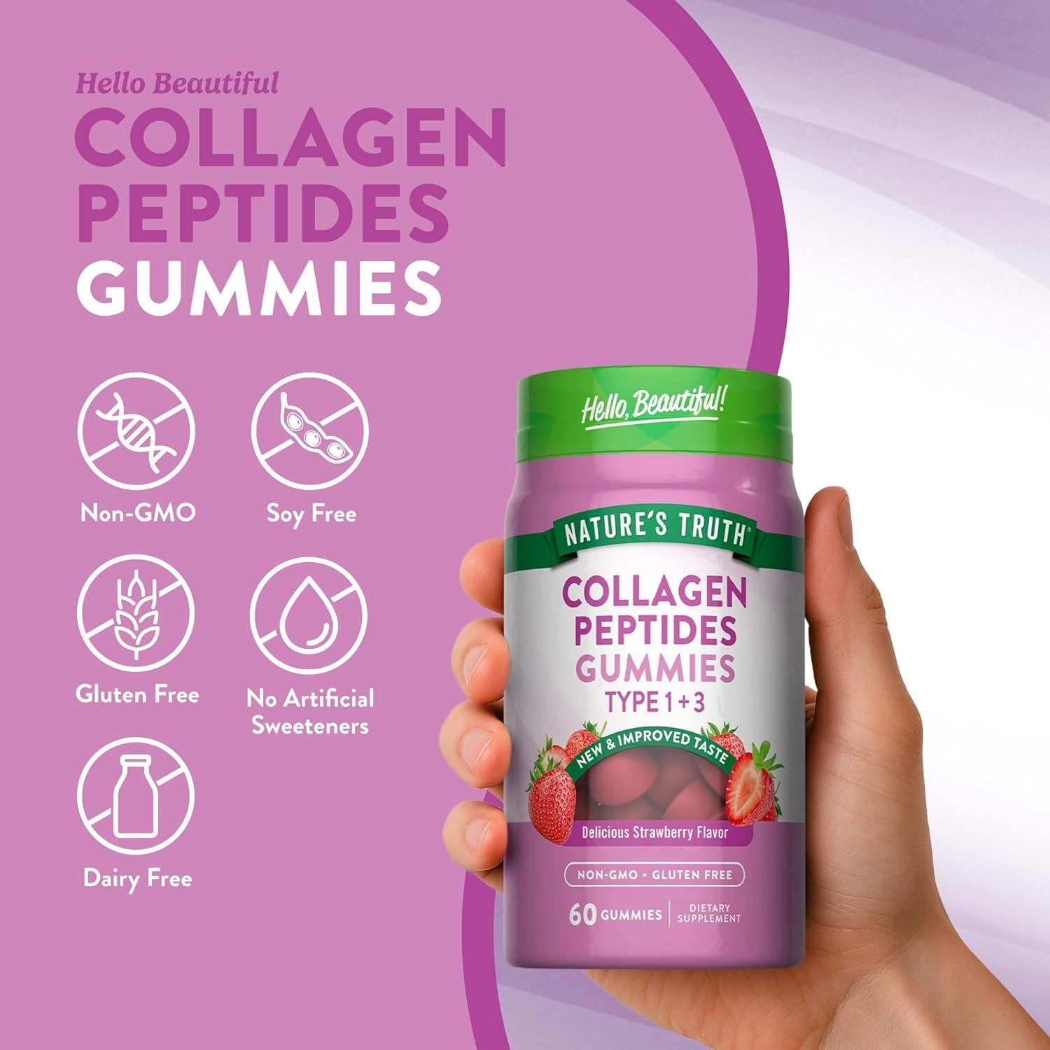 Nature'S Truth Collagen Peptide Gummies for Women | 60 Count Type 1 and 3 | Strawberry Flavor | Non-Gmo & Gluten Free Supplement