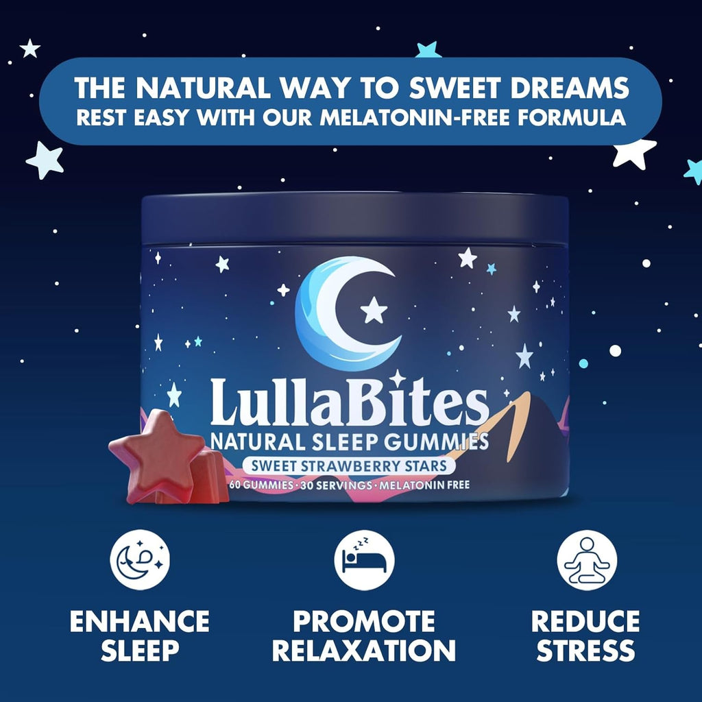 Lullabites - Natural Sleep Gummies - Made in USA - with 5-HTP, L-Theanine, Magnesium & Valerian Root - Melatonin Free - Vegan - Halal - Sugar, Gluten Free - Sweet Strawberry - 60 Gummies - 30 Servings