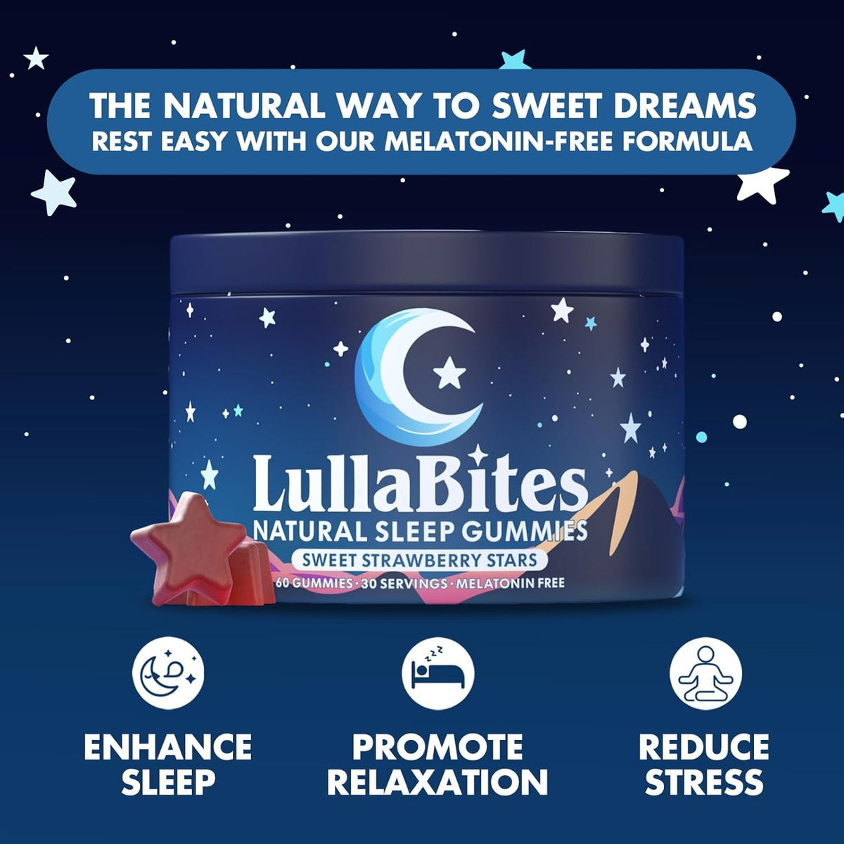 Lullabites - Natural Sleep Gummies - Made in USA - with 5-HTP, L-Theanine, Magnesium & Valerian Root - Melatonin Free - Vegan - Halal - Sugar, Gluten Free - Sweet Strawberry - 60 Gummies - 30 Servings