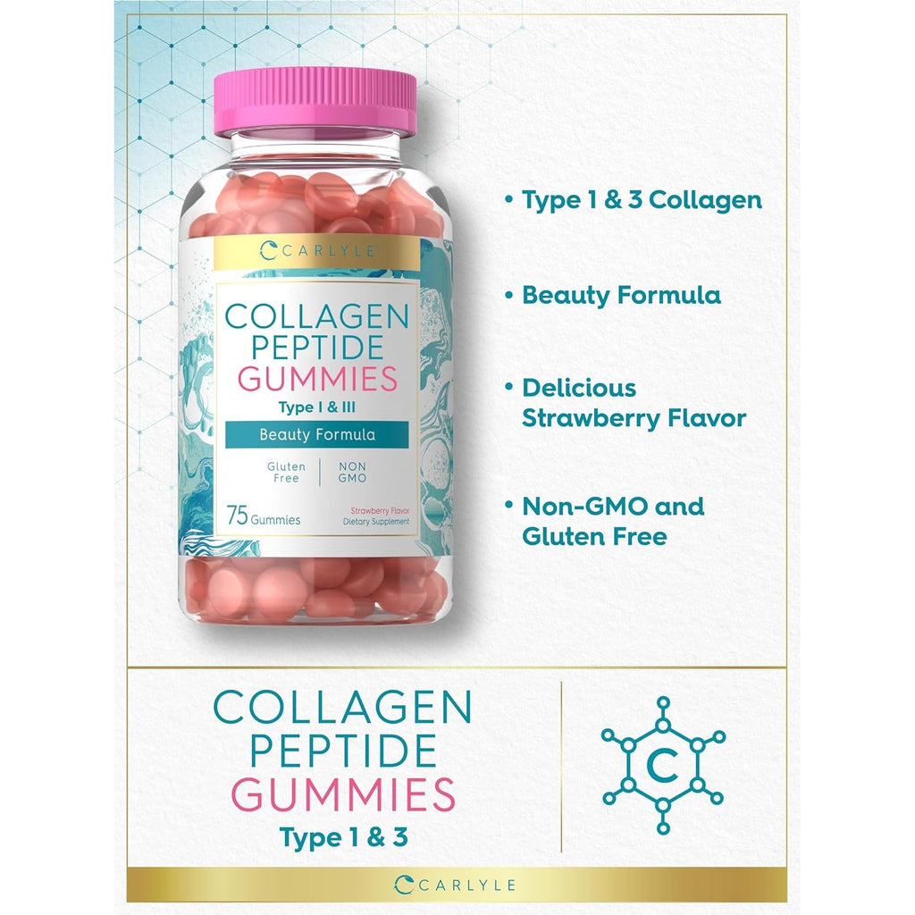 Carlyle Collagen Gummies | Strawberry Flavor Beauty Supplement | Collagen Peptides for Women & Men | Type 1 & 3 | Non-Gmo, Gluten Free