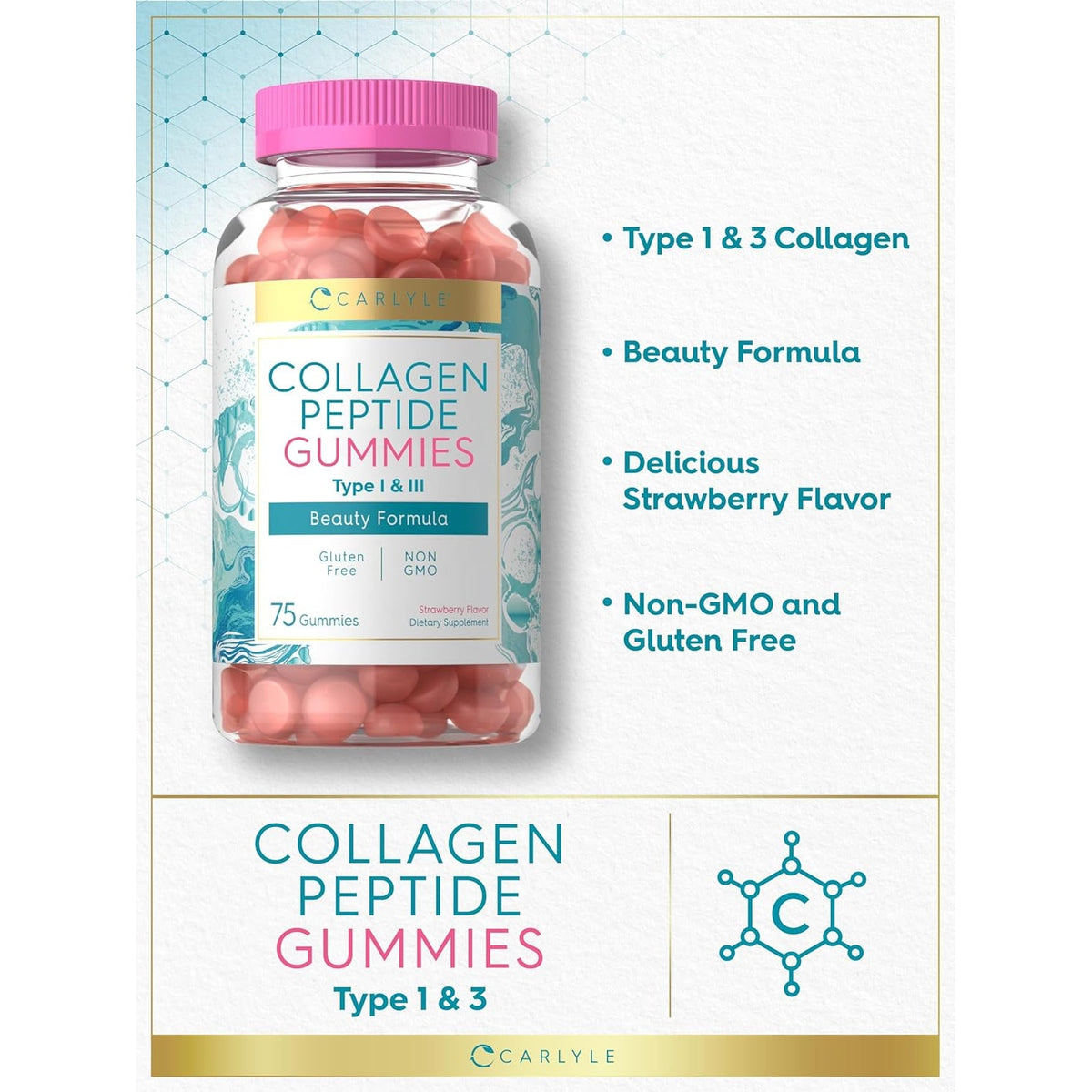 Carlyle Collagen Gummies | Strawberry Flavor Beauty Supplement | Collagen Peptides for Women & Men | Type 1 & 3 | Non-Gmo, Gluten Free