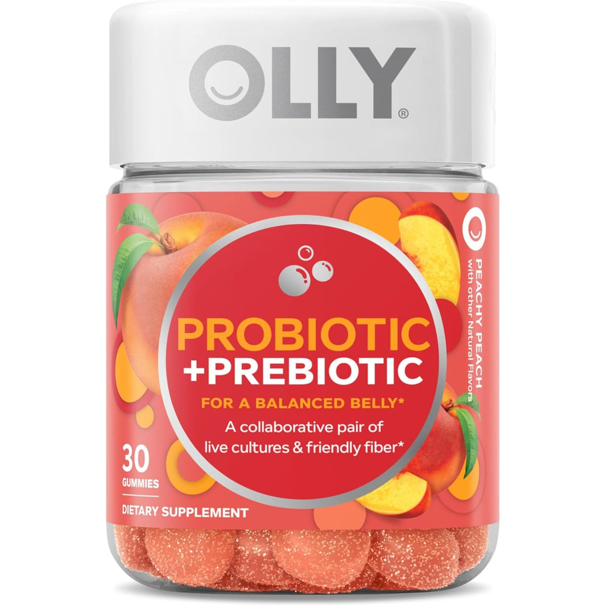 Olly, Probiotic + Prebiotic Gummy, 500 Million Cfus, Fos, Adult Chewable Supplement for Men and Women, Peach Flavored, 30 Day Supply, 30 Count