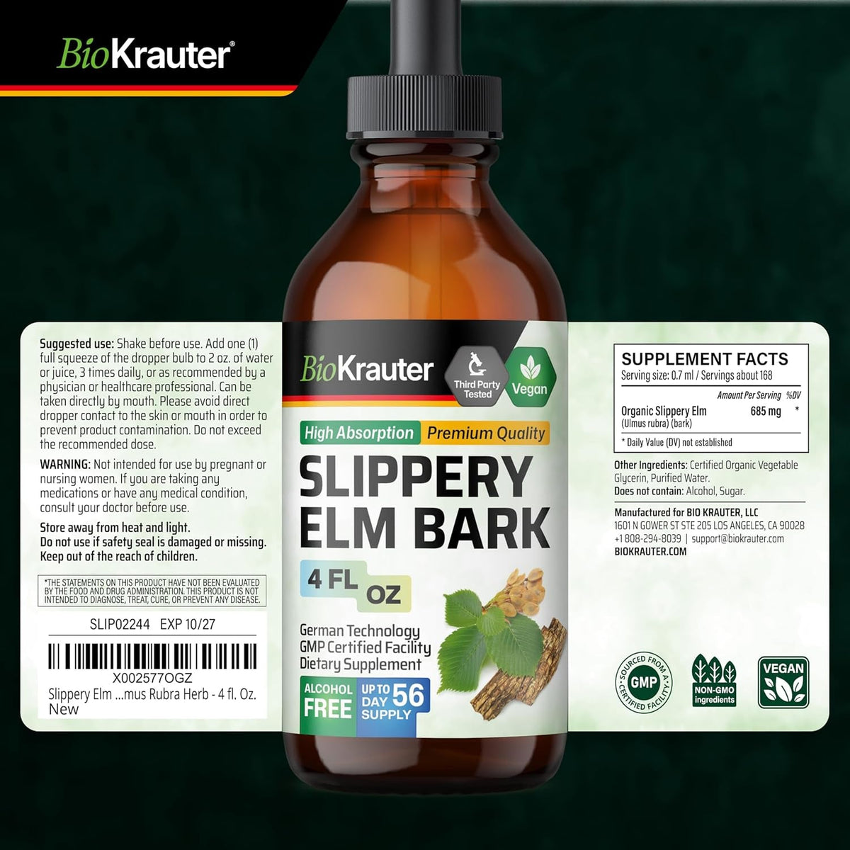 BIO KRAUTER Slippery Elm Bark Tincture - Pure Slippery Elm for Women & Men - 4 Fl.Oz. 56 Days of Supply - Throat & Voice Support - Vegan Liquid Drops for Lungs - Respiratory & Digestive Health