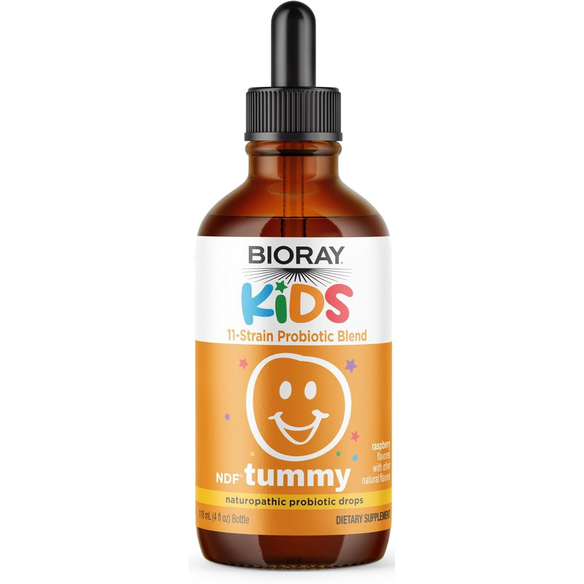 BIORAY Kids NDF Tummy, Raspberry - 4 Fl Oz (120 Ml) - 11-Strain Probiotic Blend - Supports the Immune Response in the GI Tract - Non-Gmo, Vegan, Gluten Free - Approx. 120 Servings