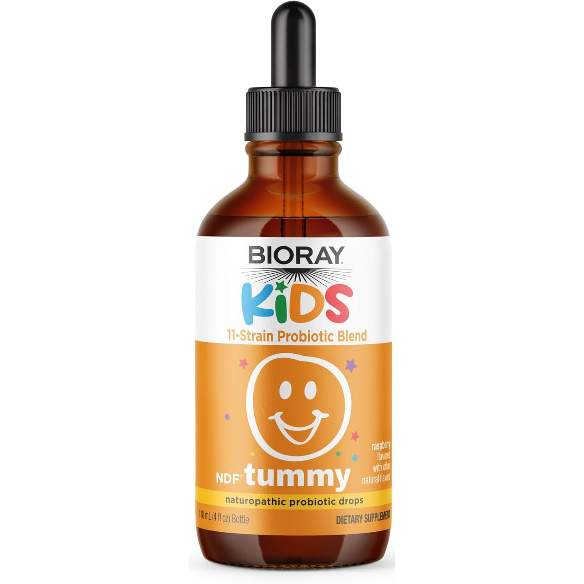 BIORAY Kids NDF Tummy, Raspberry - 4 Fl Oz (120 Ml) - 11-Strain Probiotic Blend - Supports the Immune Response in the GI Tract - Non-Gmo, Vegan, Gluten Free - Approx. 120 Servings