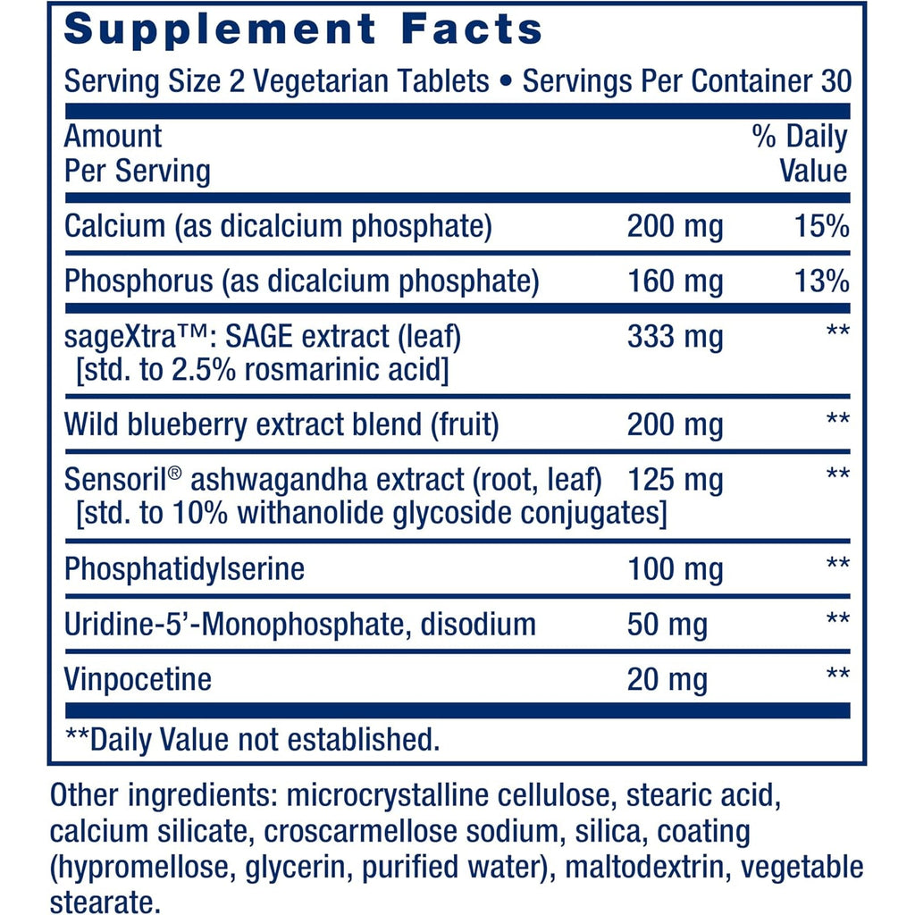 Life Extension Cognitex® Elite, Sage, Blueberry, Ashwagandha, Phosphatidylserine, Vinpocetine, Attention, Focus, Mood & Memory, Gluten-Free, Non-Gmo, Vegetarian, 60 Tablets