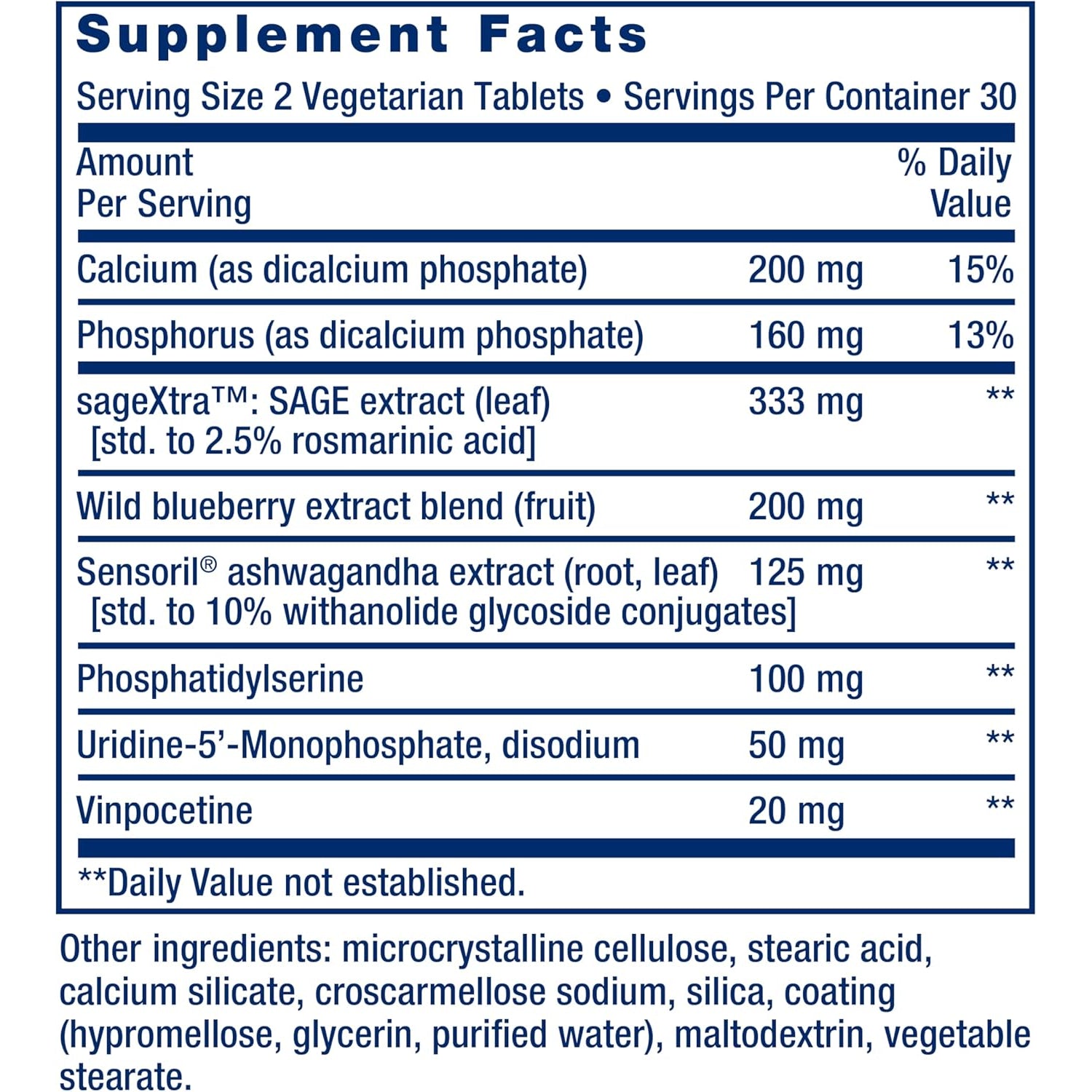Life Extension Cognitex® Elite, Sage, Blueberry, Ashwagandha, Phosphatidylserine, Vinpocetine, Attention, Focus, Mood & Memory, Gluten-Free, Non-Gmo, Vegetarian, 60 Tablets