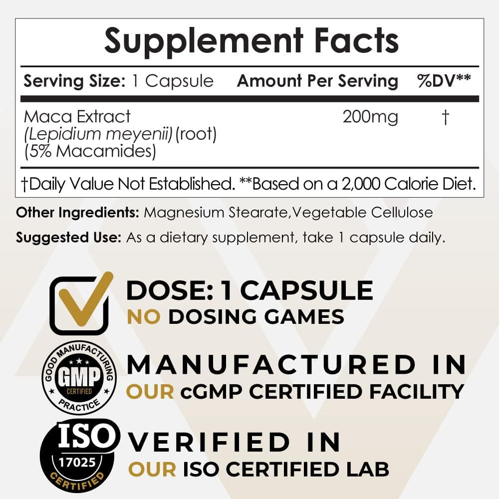 Nootropics Depot Maca Root Extract Capsules | 5% Macamides | Maca Supplement | Lepidium Meyenii | Energy, Mood & Vitality Support | Maca Root Capsules for Women and Men | 60Ct