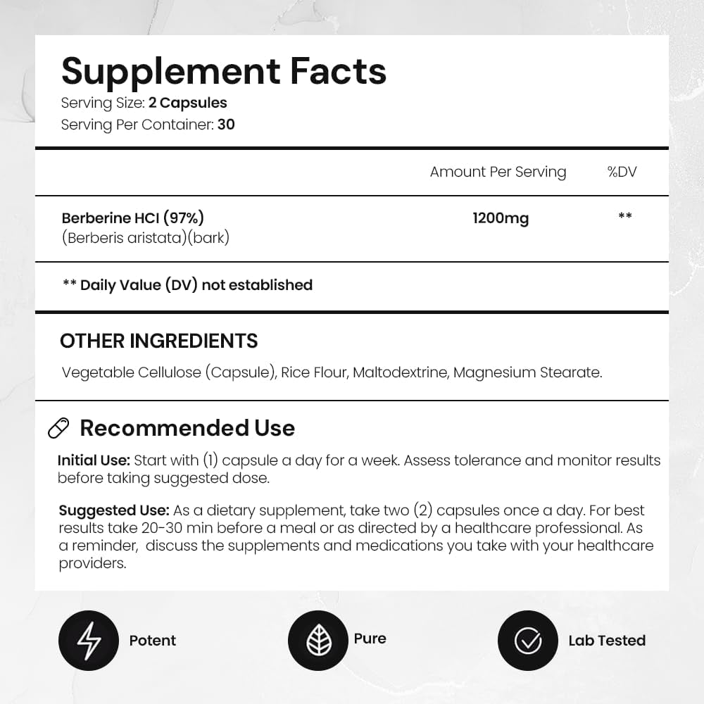 ACEWORKZ Organic Berberine HCL Supplement 1200Mg - Supports Healthy Blood Sugar Levels and Metabolism - Bioperine® Enhanced Absorption (60 Capsules)