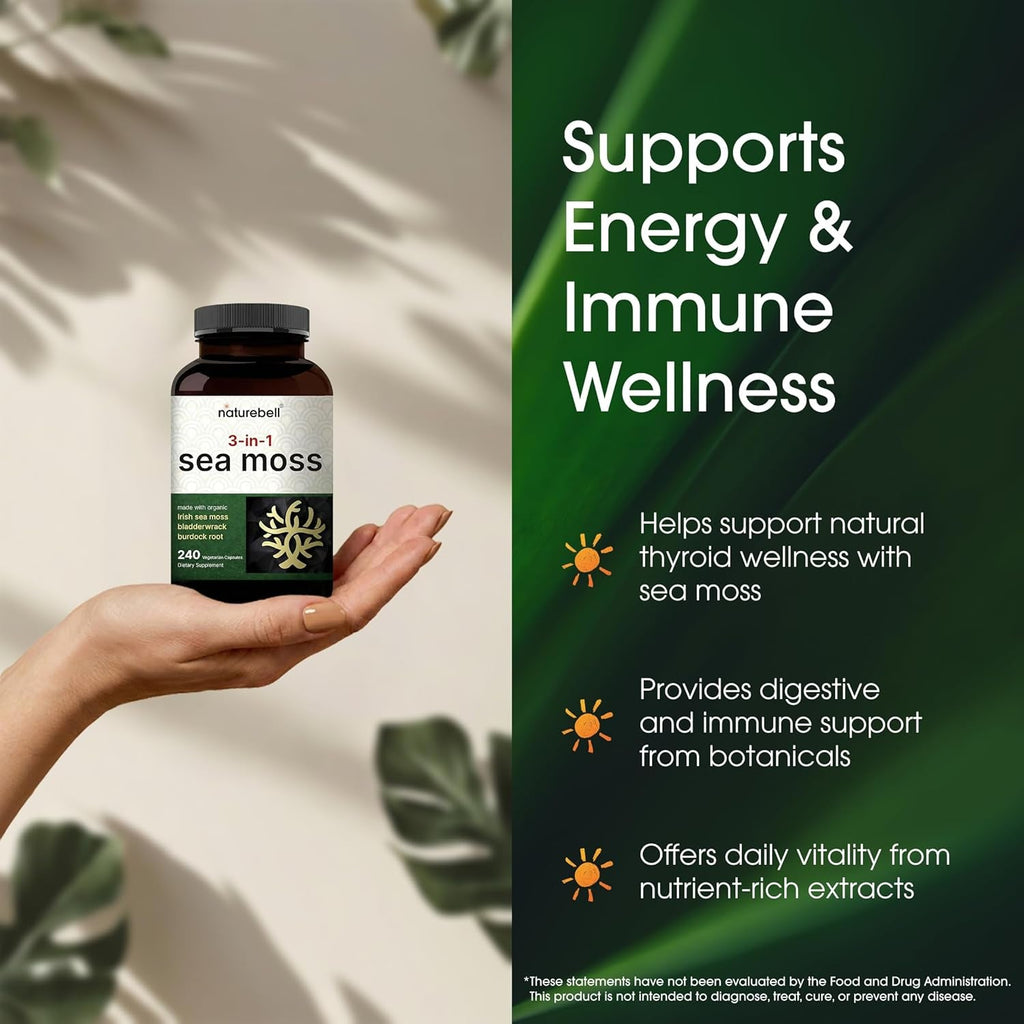 Naturebell 3-In-1 Sea Moss - 240 Vegetarian Capsules - Sea Moss Complex with Organic Bladderwrack & Organic Burdock Root - Healthy Digestion, Vitality & Immune Support*
