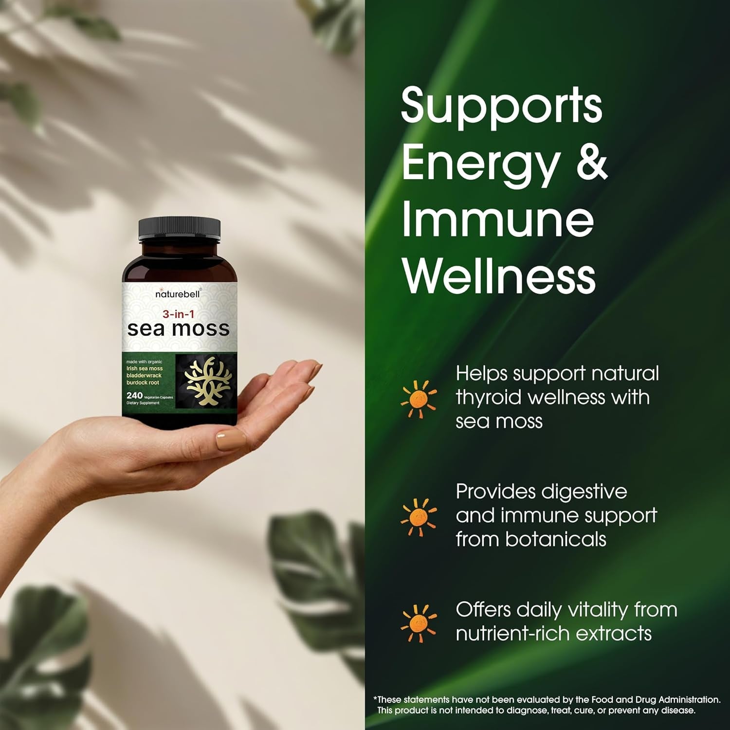 Naturebell 3-In-1 Sea Moss - 240 Vegetarian Capsules - Sea Moss Complex with Organic Bladderwrack & Organic Burdock Root - Healthy Digestion, Vitality & Immune Support*