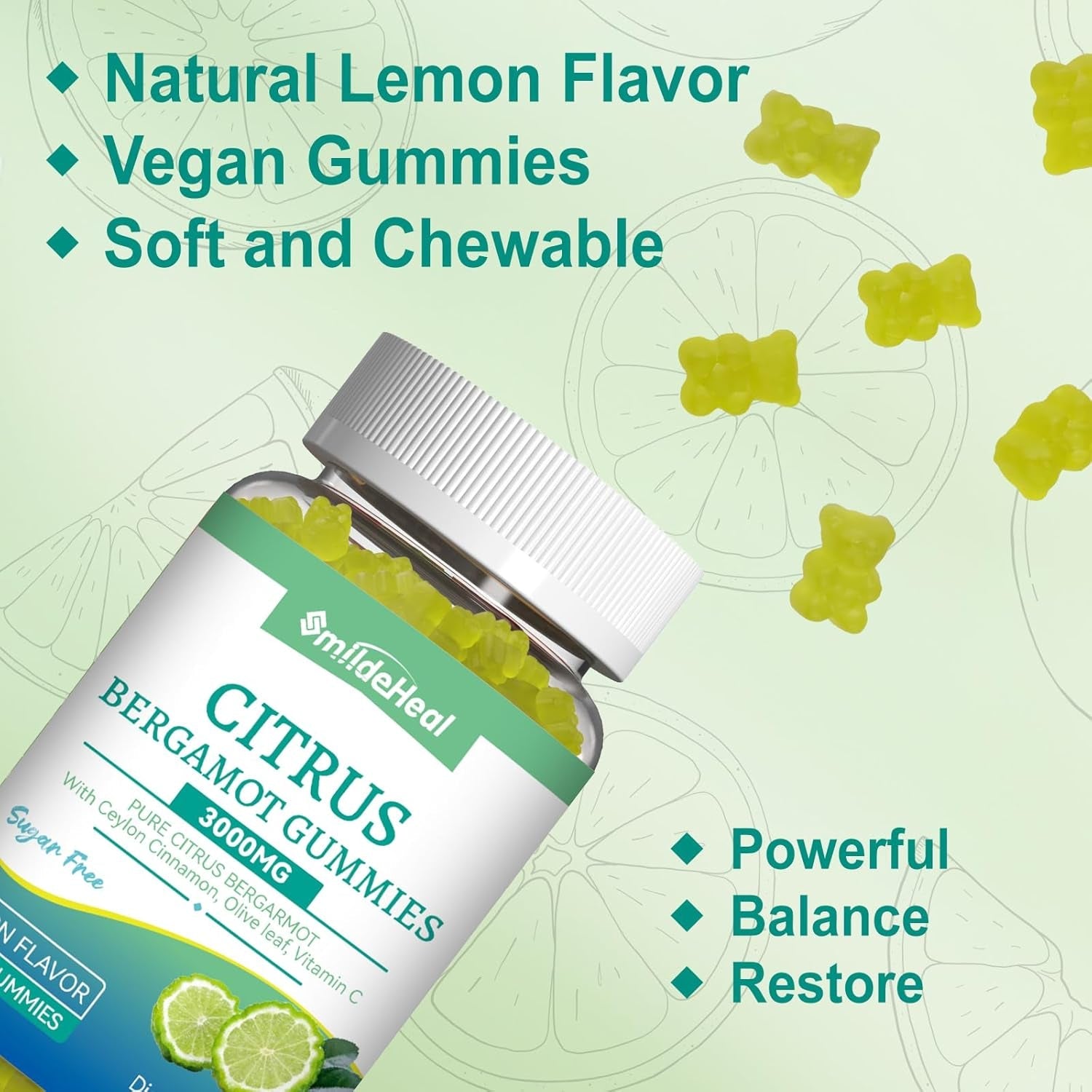Citrus Bergamot Gummies 3000Mg, Bergamot Supplement for High Cholesterol, Cholesterol Lowering Supplement for Heart, Immune System & Anti-Aging, Sugar Free Vegan 60 Gummies