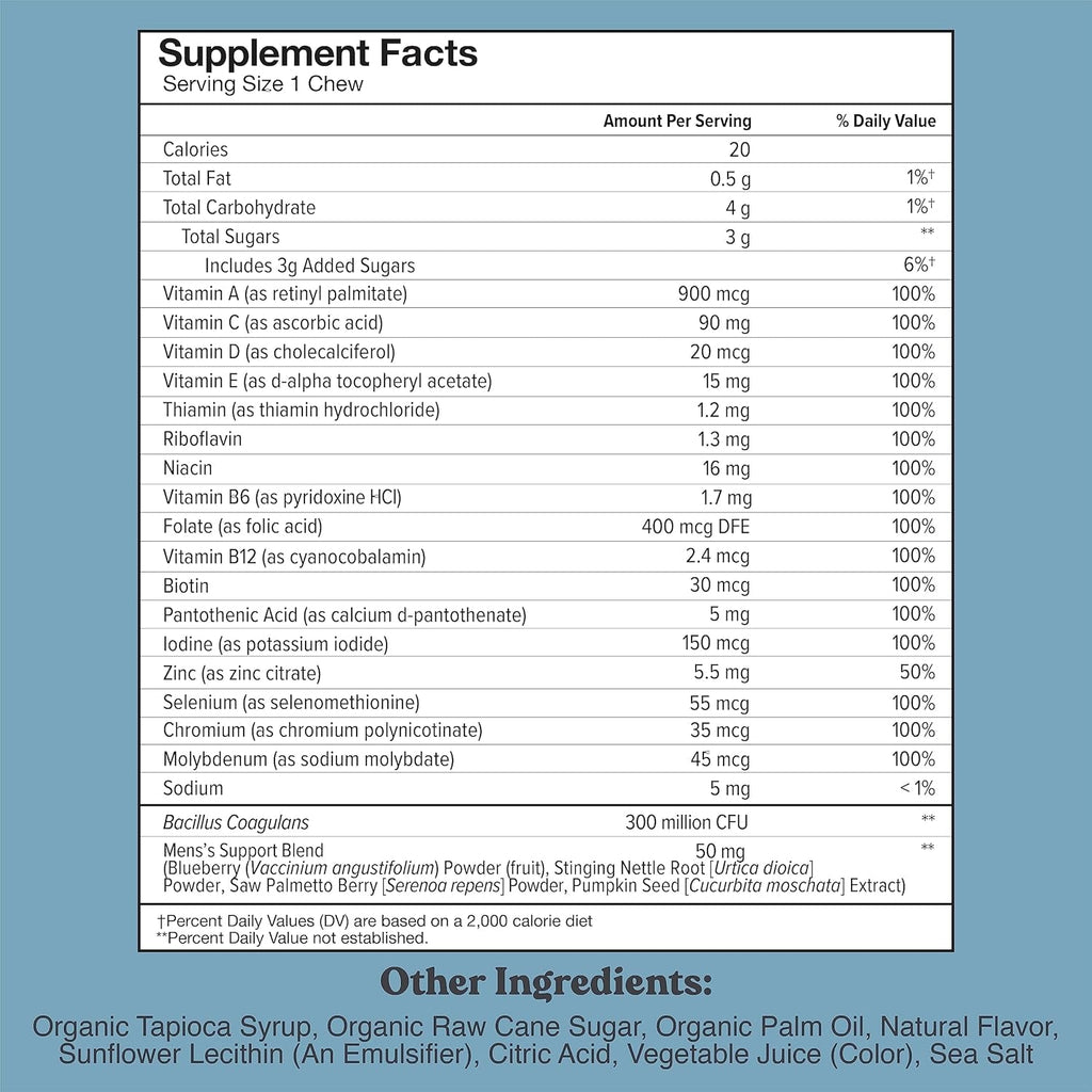 CHEWSY - Men'S Multivitamin Chews - Immune and Energy Support, Vitamin A, B12, C, D3, E, Folic Acid, Probiotics, Zinc - 30-Day Supply