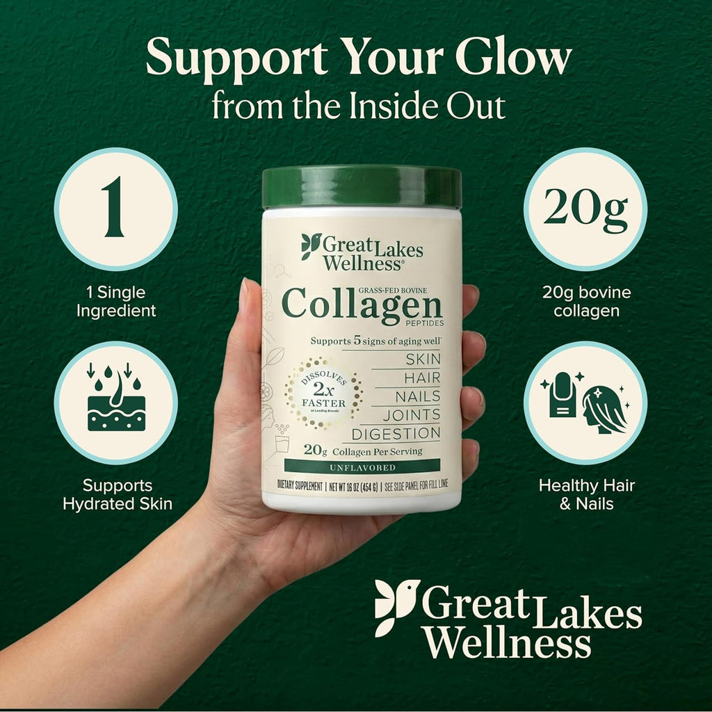 Great Lakes Wellness Collagen Peptides Powder – Supports Skin, Hair, Nails, Joints & Digestion – Hydrolyzed, Quick Dissolve, Non-Gmo, Keto & Kosher – Pure Collagen Protein (16 Oz, 22 Servings)